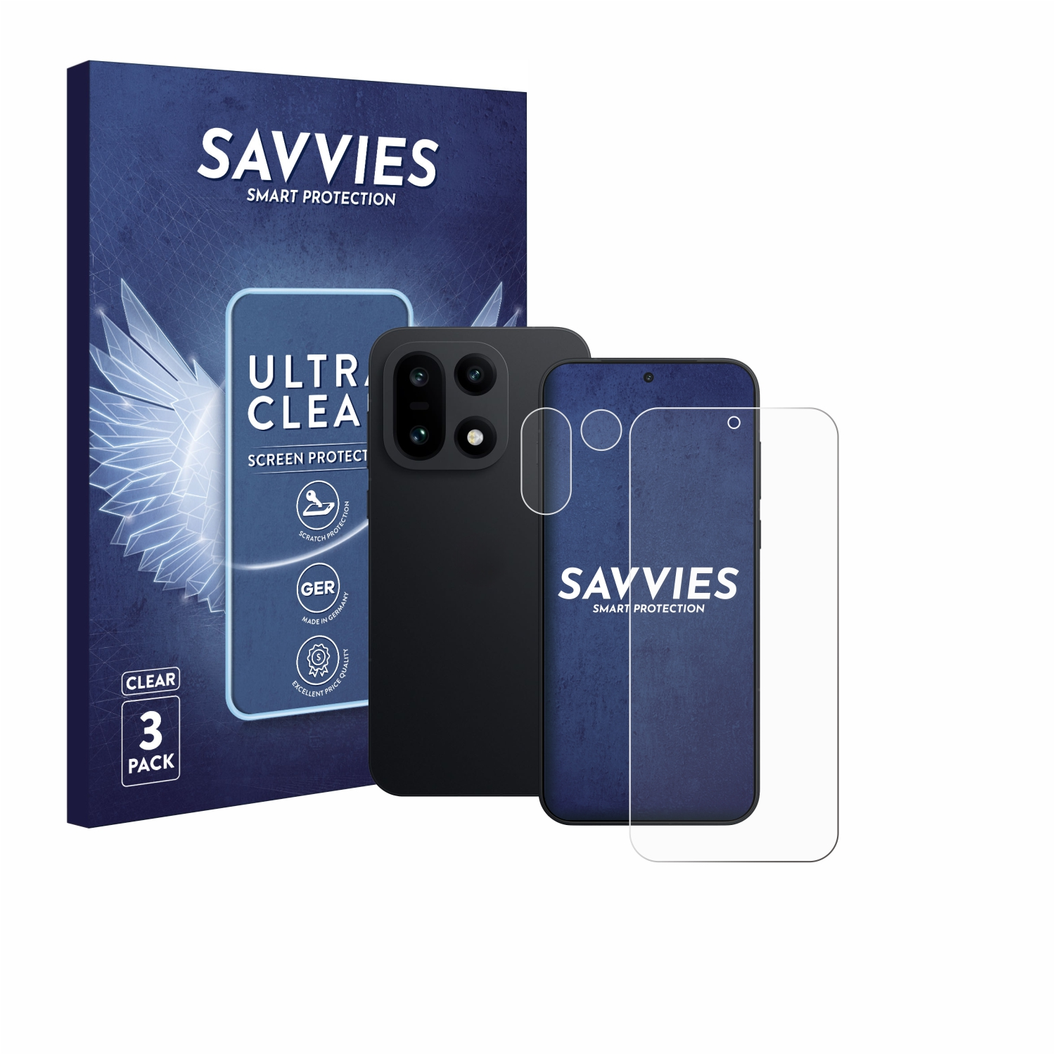 Ein Telefon, Displayschutzfolie und Verpackung werden angezeigt. Die Verpackung hat das 'SAVVIES'-Logo und den Text 'ULTRA CLEAR'.
