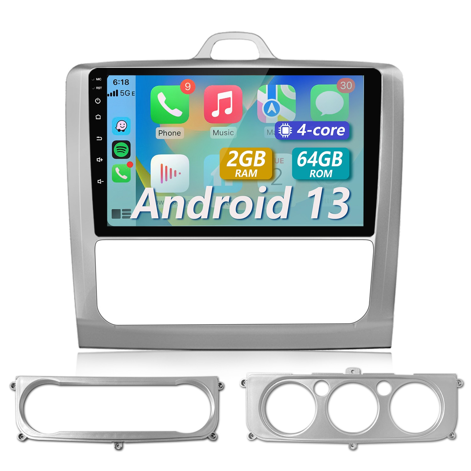 Autoradio con Android 13, 4 core, 64 GB ROM e 2 GB RAM. Include icone di app telefono e musica, cornice argentata e due cornici aggiuntive.