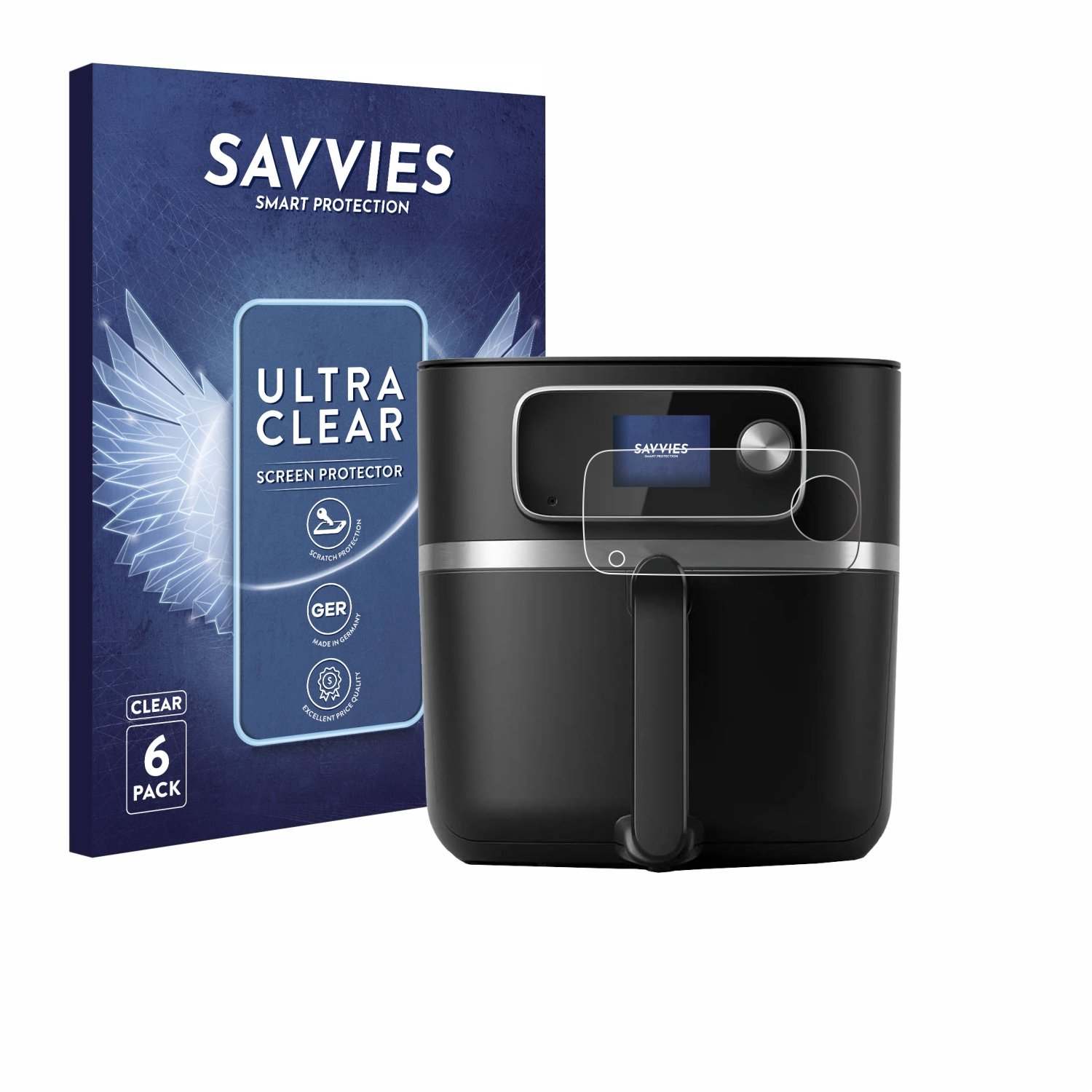 Eine Heißluftfritteuse mit einer Displayschutzfolien-Box. Auf der Box steht 'SAVVIES' und 'ULTRA CLEAR'. Die Fritteuse ist schwarz.