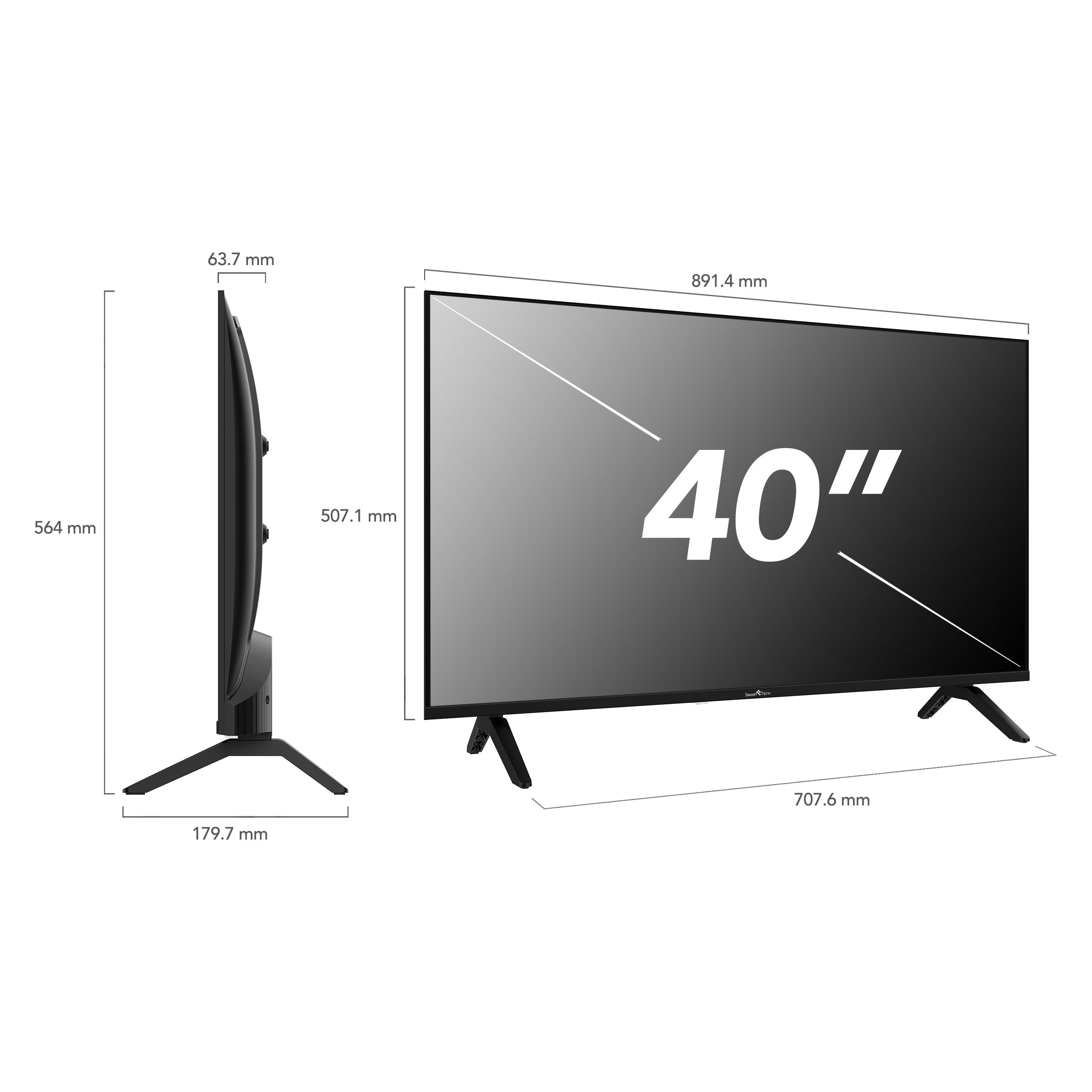 Un televisor Smart Tech de 40 pulgadas con dimensiones etiquetadas. El televisor es negro, tiene dos patas y el tamaño 40".