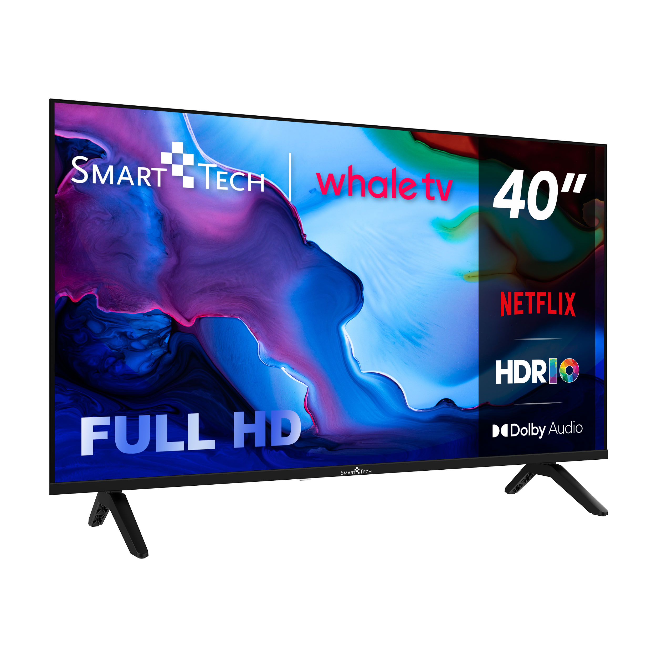 Un televisor Smart Tech de 40" con Netflix, HDR y Dolby Audio. Marco y soporte negros, pantalla colorida, fondo blanco.