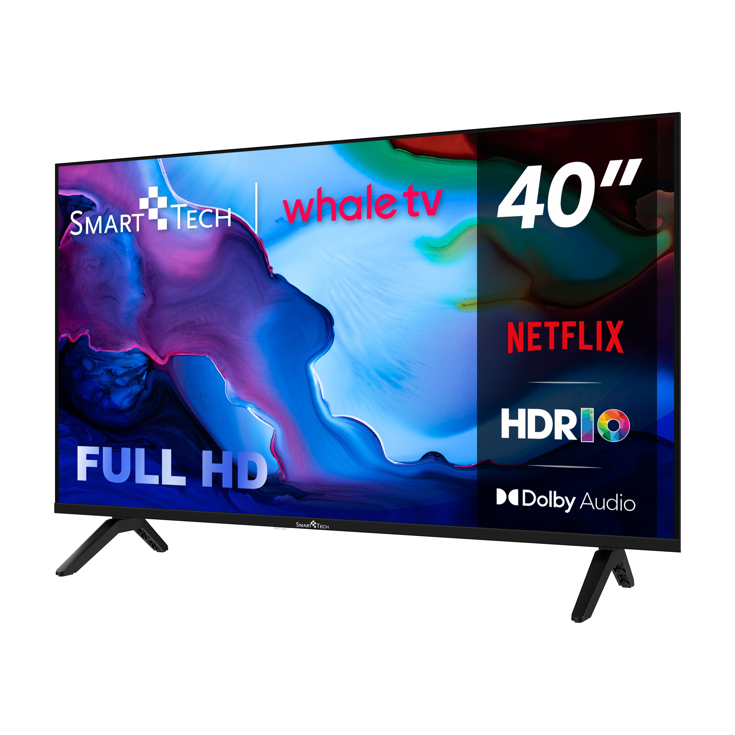 Un televisor Smart Tech de 40 pulgadas con pantalla colorida. Tiene whale tv, Netflix y Dolby Audio. Soporte negro visible.