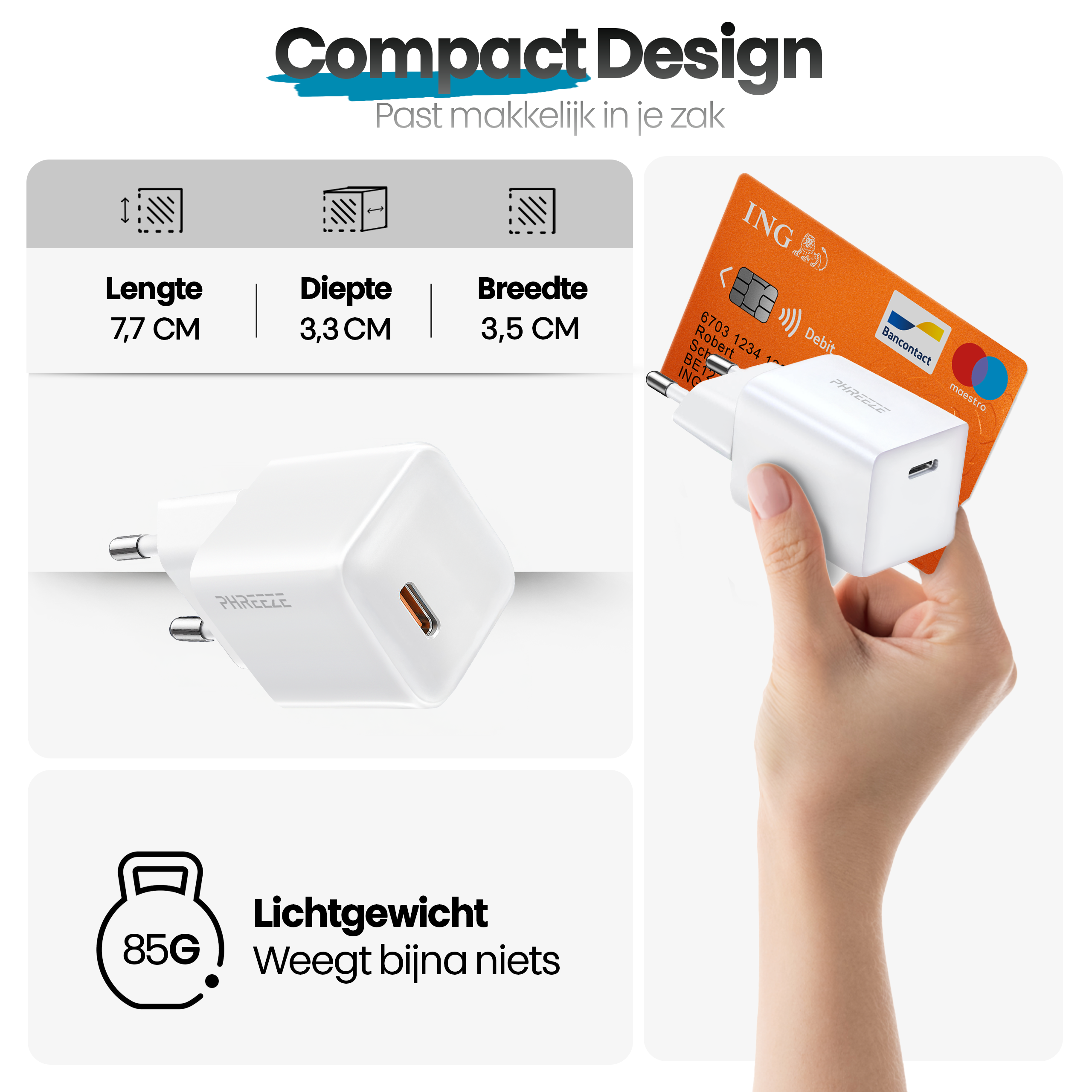 Een hand die een witte oplader vasthoudt naast een oranje ING-creditcard. De oplader is compact en lichtgewicht.