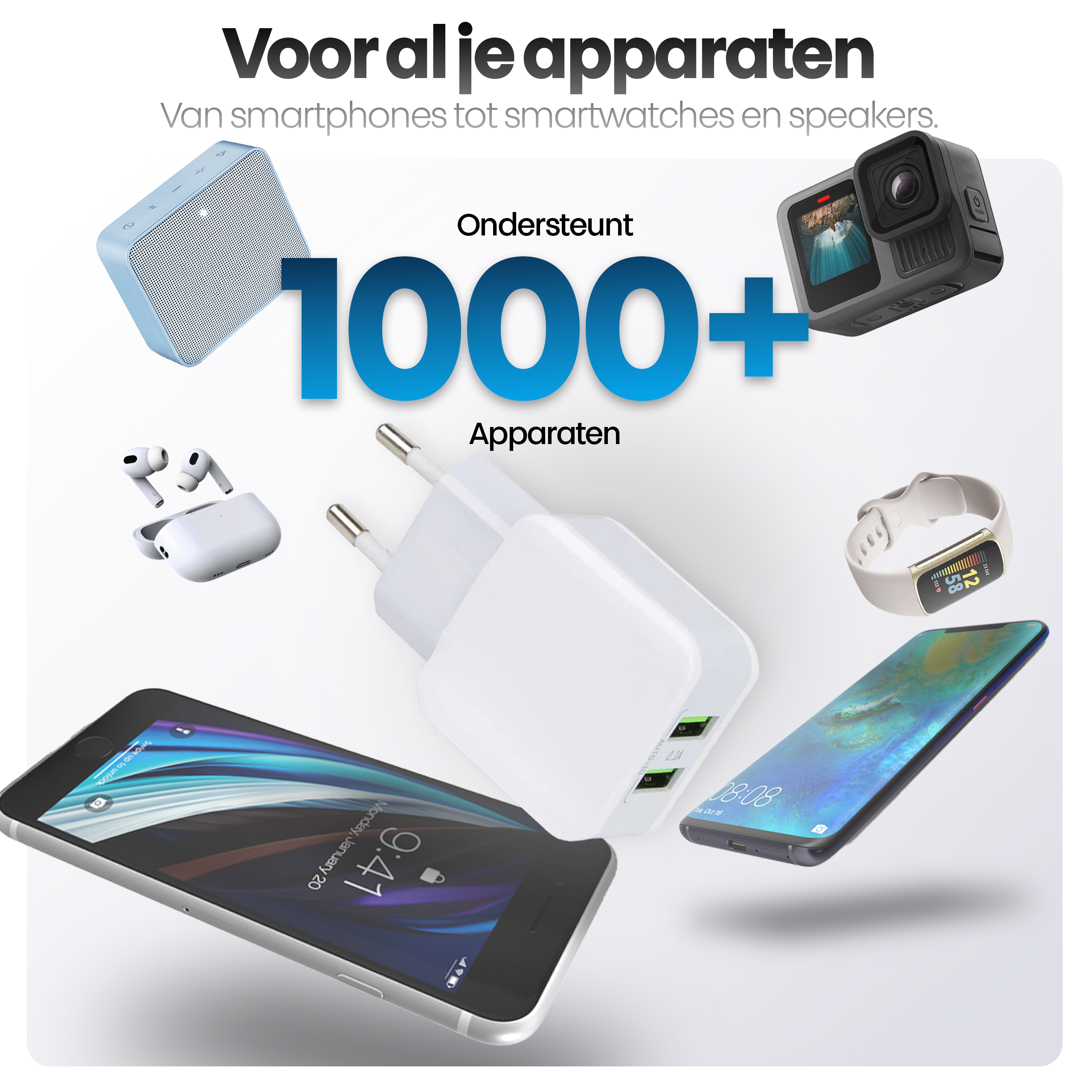 Afbeelding met apparaten, waaronder telefoon, smartwatch, oplader, luidspreker en koptelefoon, met de tekst '1000+ apparaten'.