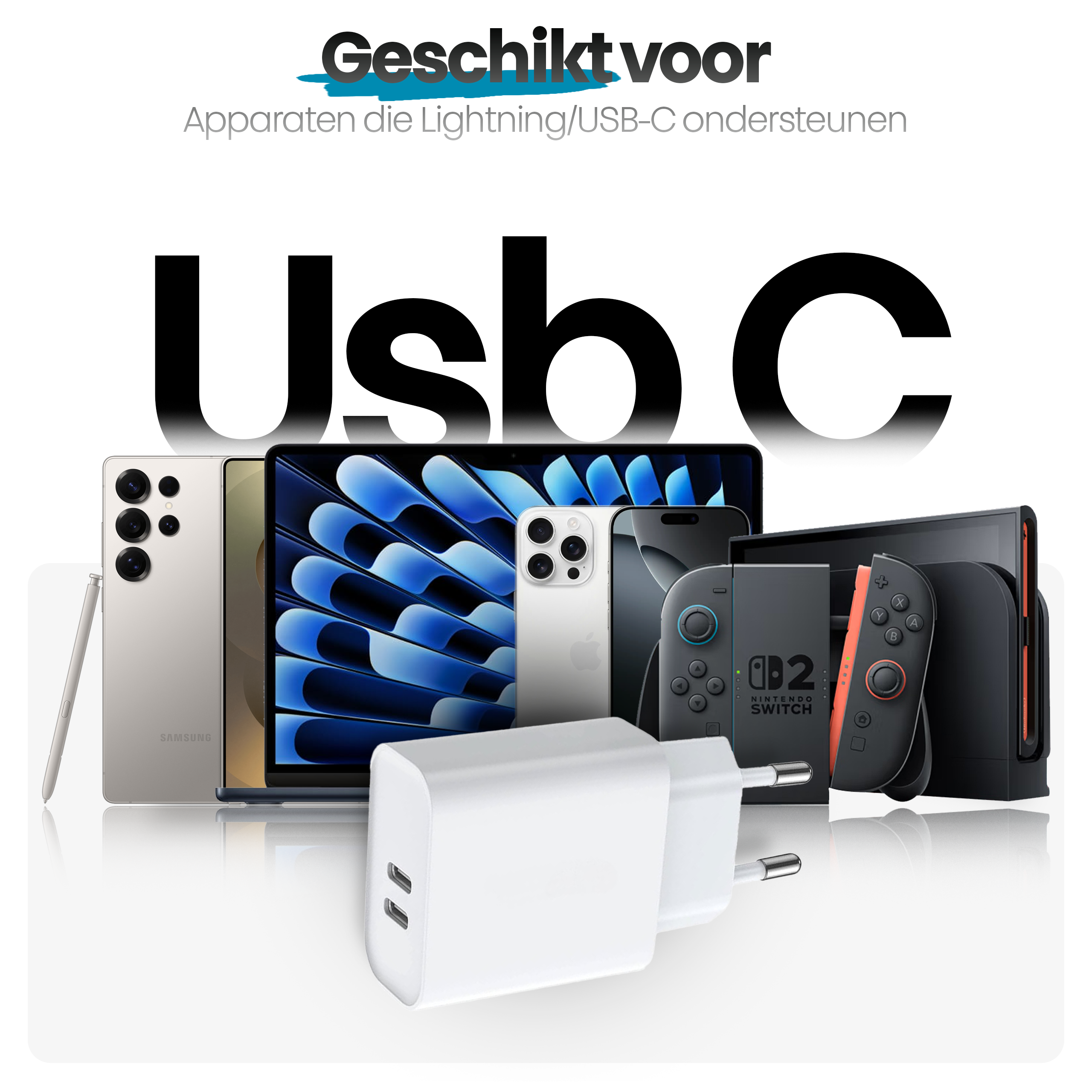 Image shows various devices like phones, tablets, and a game console with a charger, all supporting USB-C.