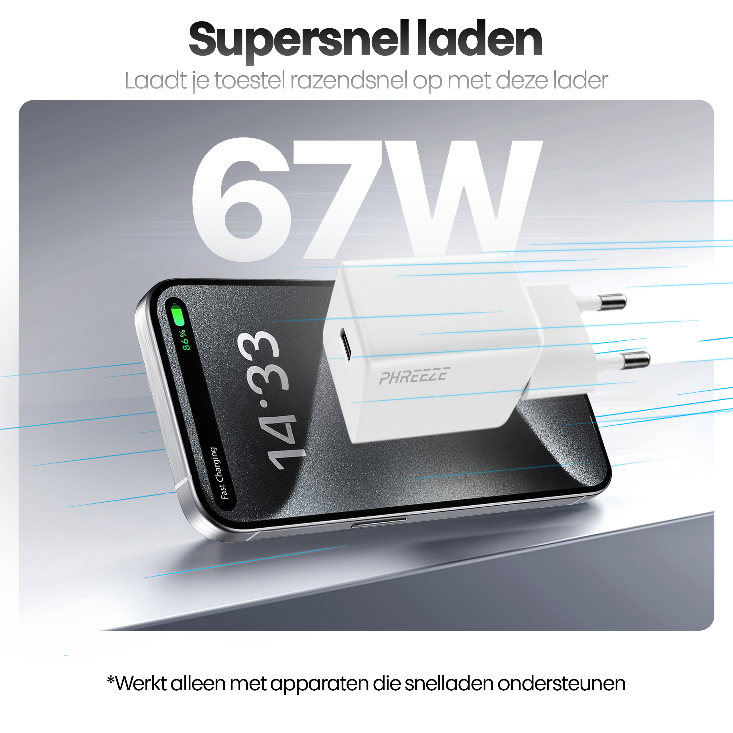 Afbeelding toont een telefoon met 86% batterij, een witte oplader en tekst die snel opladen aangeeft.