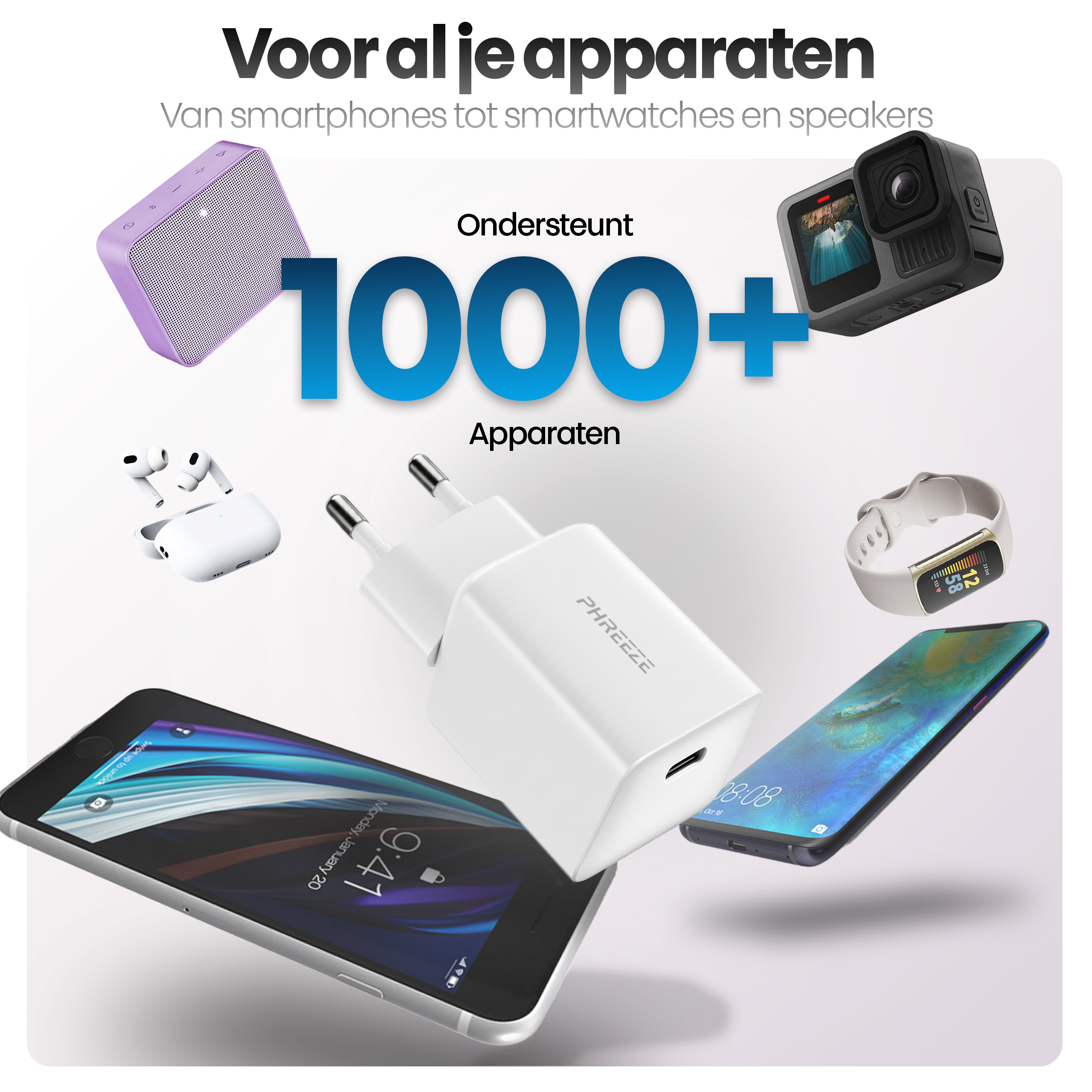 Afbeelding toont verschillende elektronica: luidsprekers, camera, oortelefoons, oplader, smartwatch en telefoons. Tekst zegt '1000+ apparaten ondersteund'.
