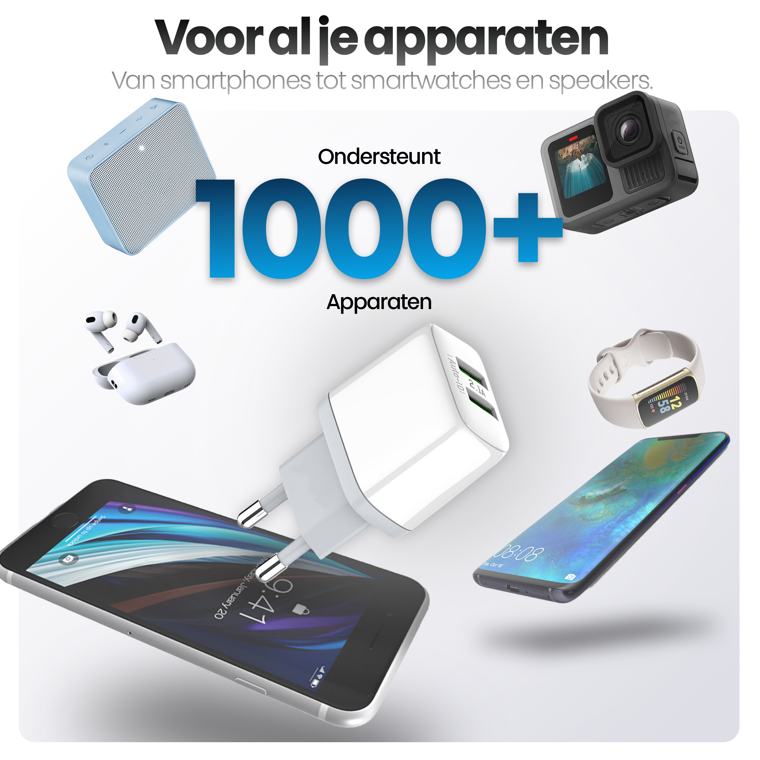 Afbeelding toont diverse elektronica: smartphone, smartwatch, luidspreker, koptelefoon, camera en oplader, met tekst die ondersteuning voor 1000+ apparaten promoot.