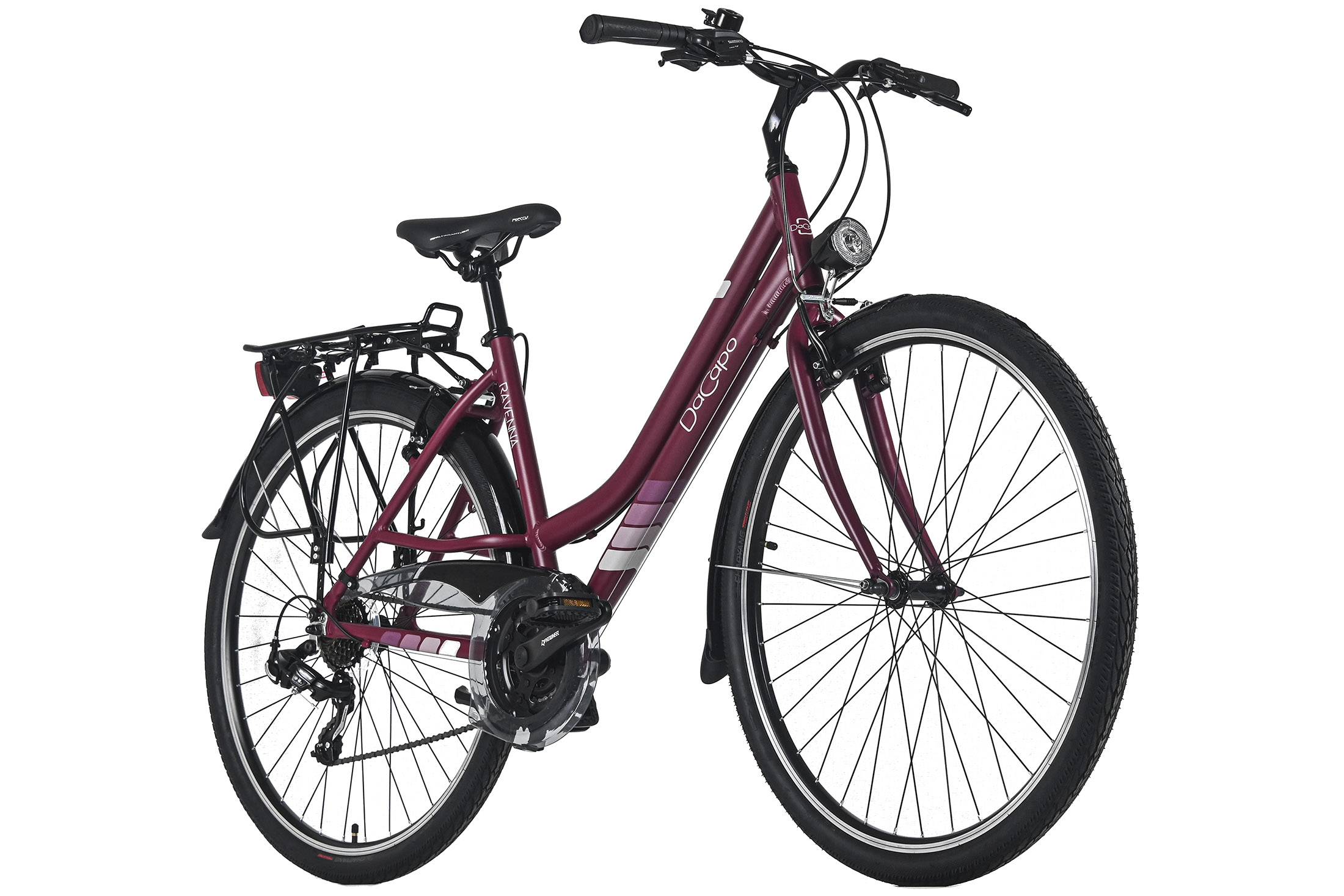 Ein maroonfarbenes Da Capo Fahrrad. Das Fahrrad hat schwarze Reifen, einen schwarzen Sitz und einen Gepäckträger über dem Hinterreifen. Der Hintergrund ist weiß.