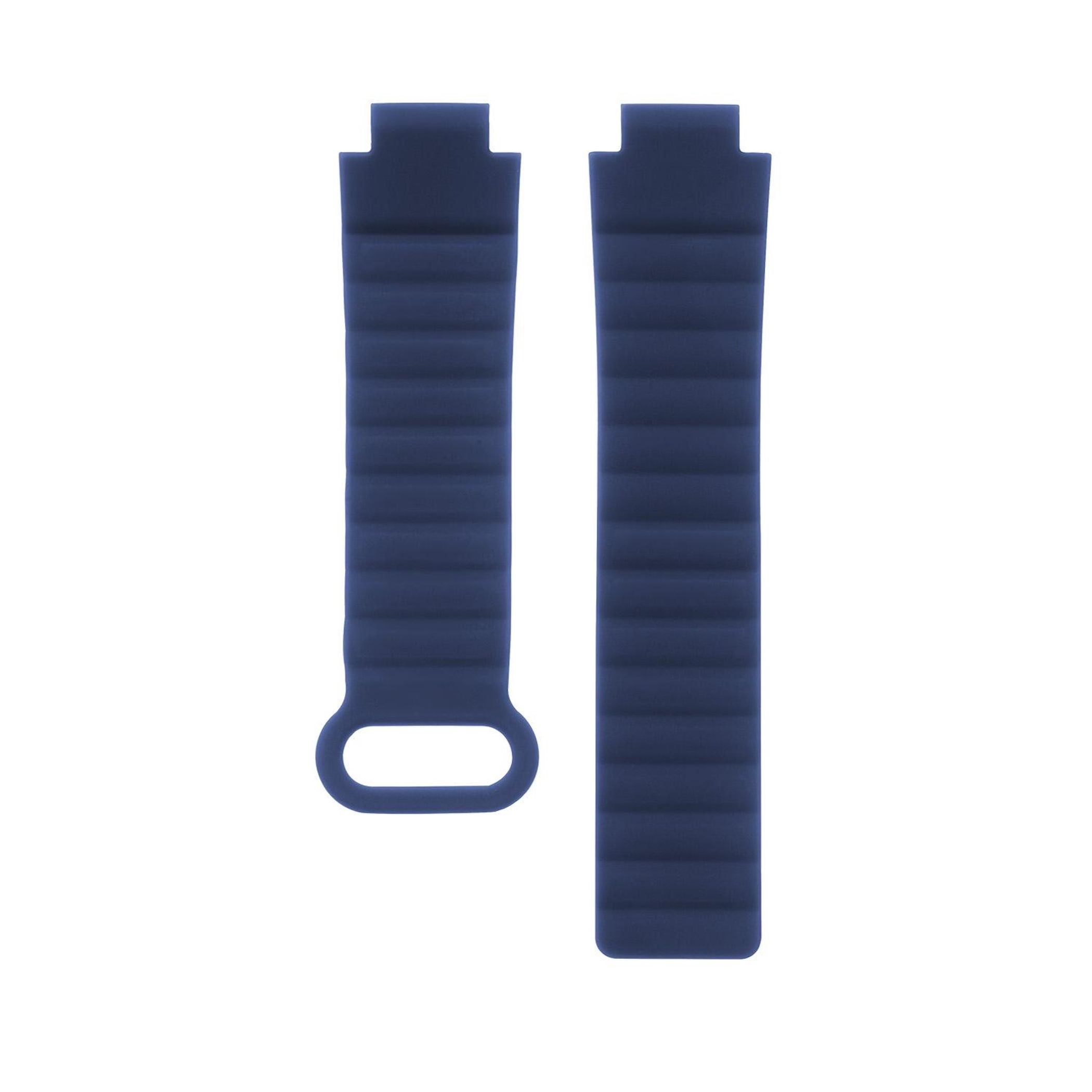 Zwei marineblaue Uhrenarmbänder auf weißem Grund. Ein Armband hat eine Öffnung.