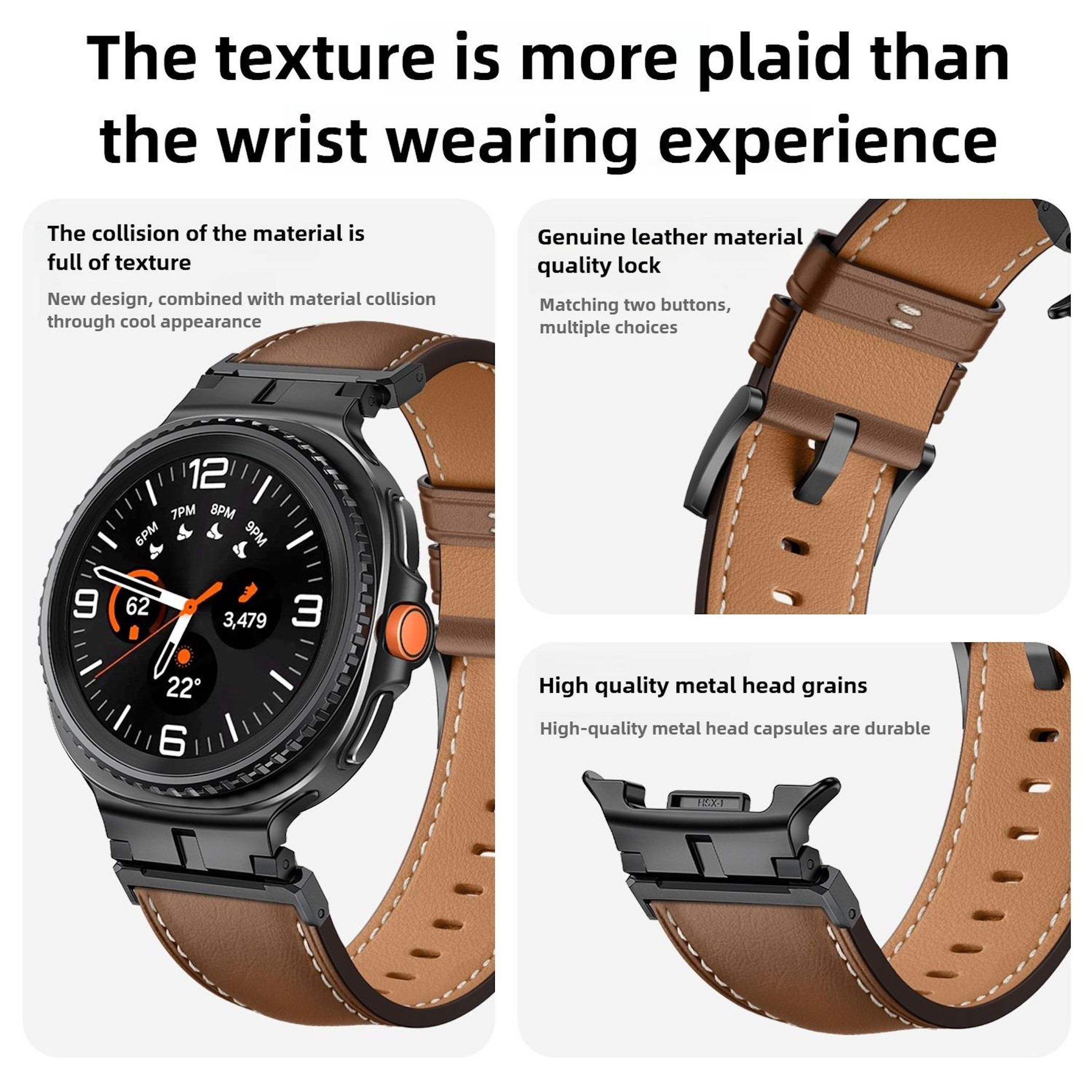Smartwatch con cinturino in pelle marrone. Il quadrante mostra ora, passi e temperatura. Dettagli fibbia e consistenza cinturino.