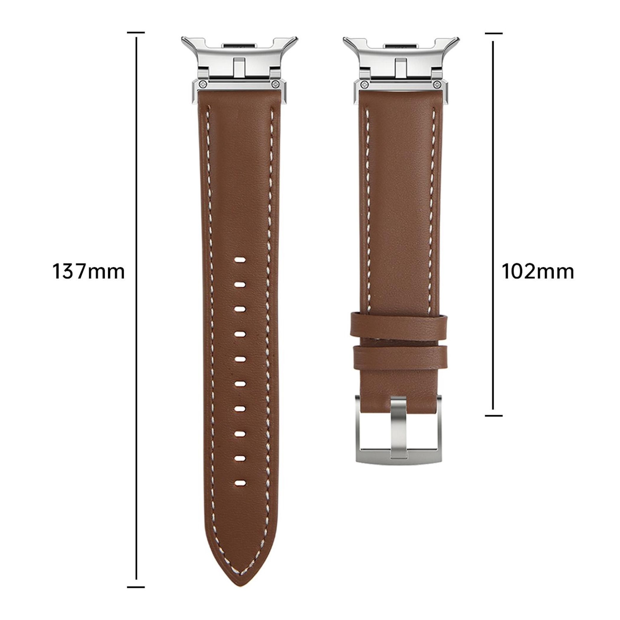 Due cinturini per orologio in pelle marrone con cuciture bianche. Uno è 137 mm, l'altro 102 mm. Entrambi hanno hardware argentato.