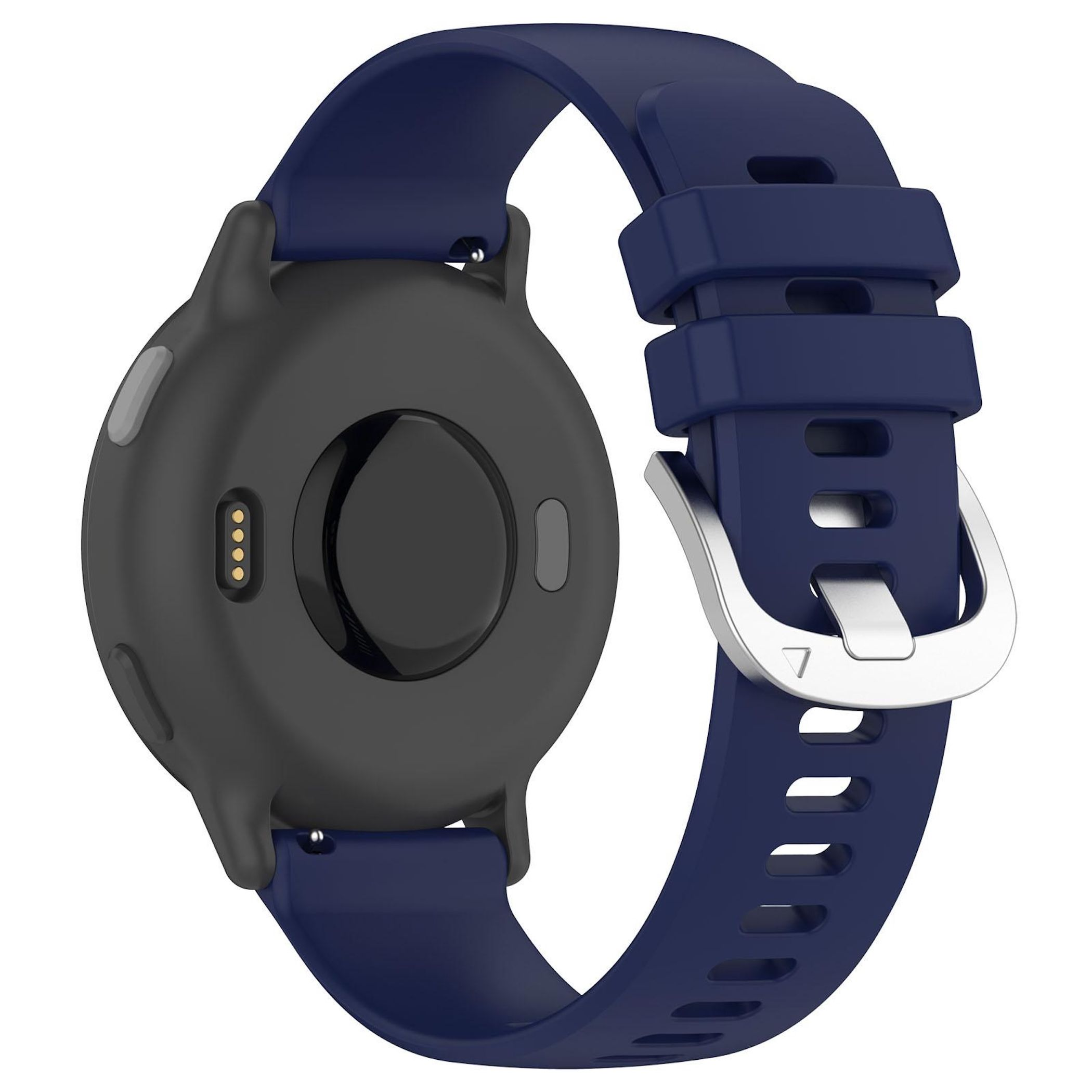 Eine schwarze Smartwatch mit blauem Armband wird gezeigt. Das Armband ist geschnallt. Die Uhr hat einen Sensor auf der Rückseite.