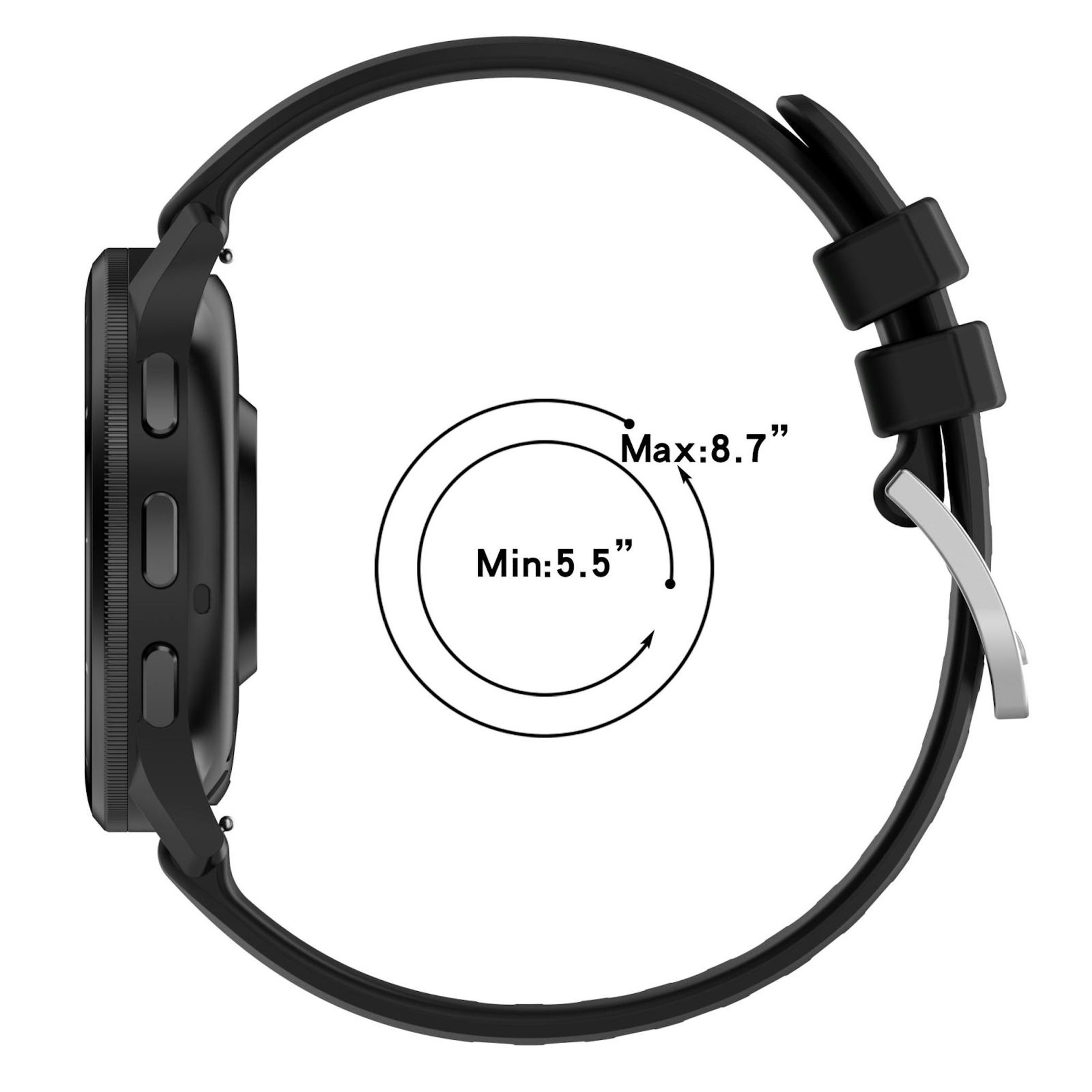 Schwarze Smartwatch-Seitenansicht mit Armband. Ein Kreis zeigt die Uhrengröße, beschriftet Max: 8,7", Min: 5,5".
