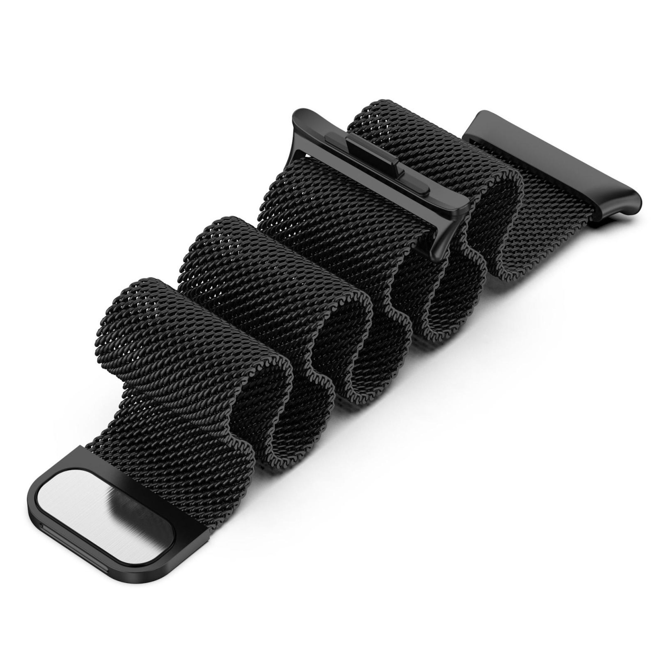 Ein schwarzes Uhrenarmband aus Metallgeflecht. Das Band ist zusammengefaltet, der Verschluss ist sichtbar.