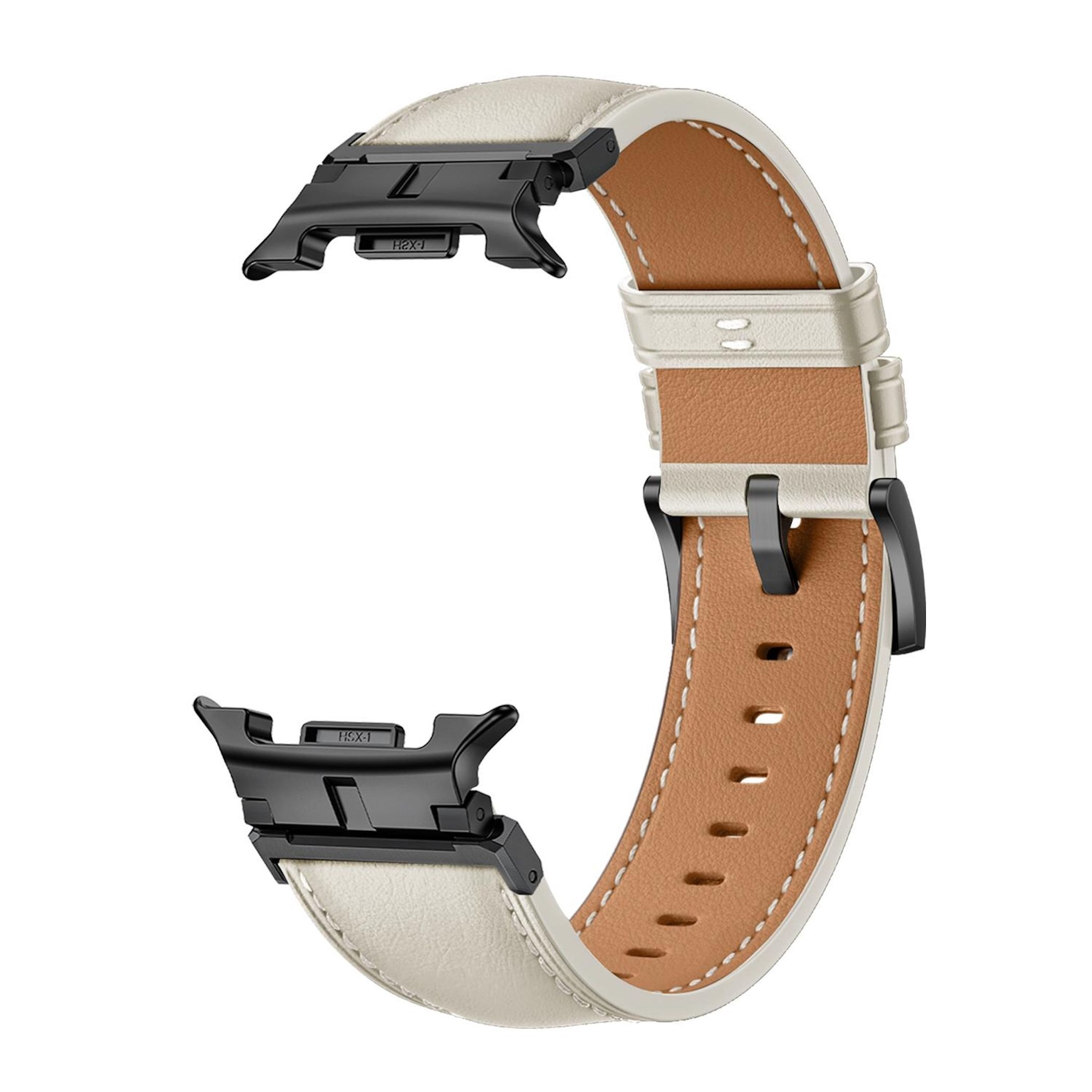Cinturino per orologio con pelle color crema e interno marrone, chiusure in metallo nero. Cuciture bianche.