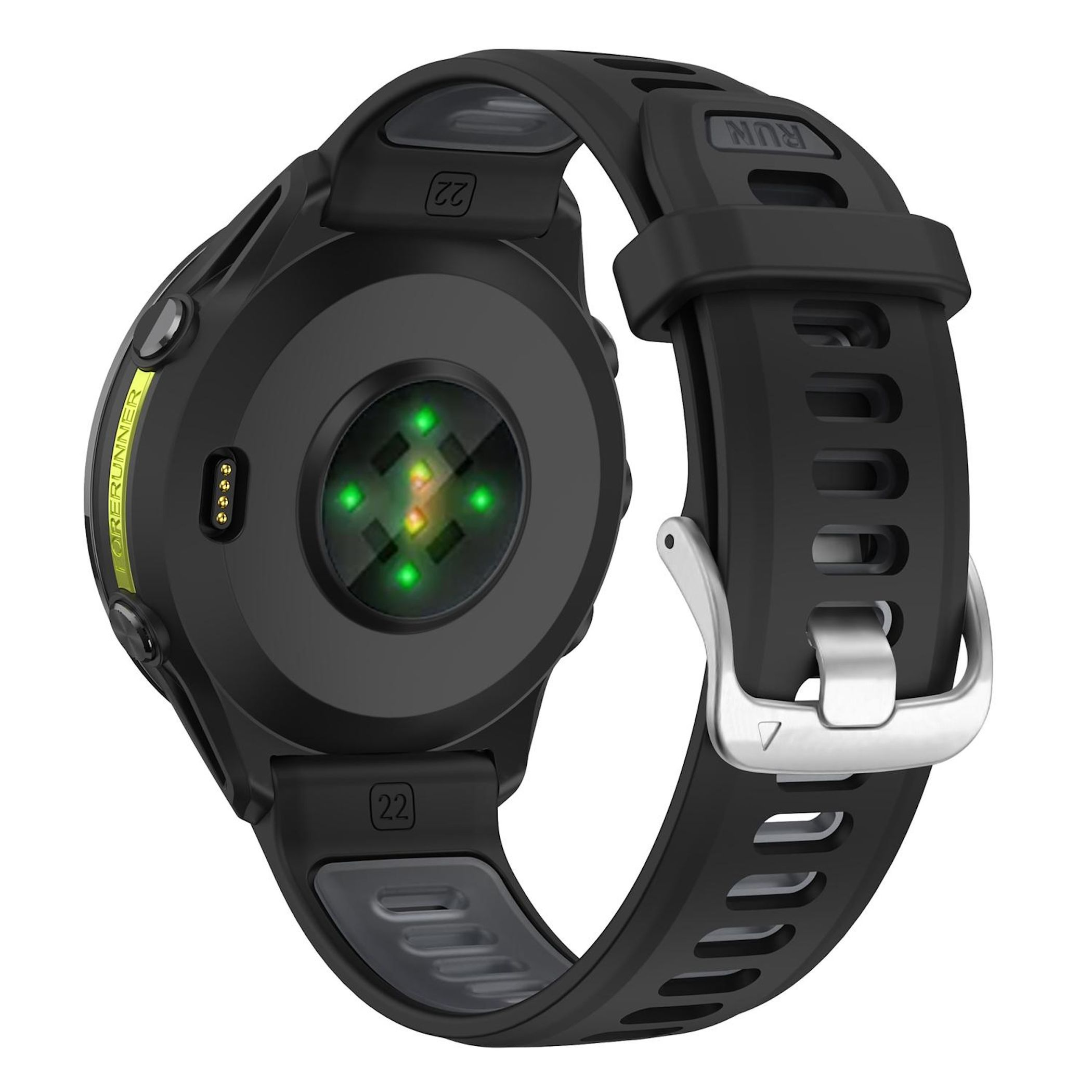 Schwarze Smartwatch mit Herzfrequenzsensor. Das Armband ist schwarz, mit silberner Schließe. Die Uhr ist auf weißem Hintergrund.