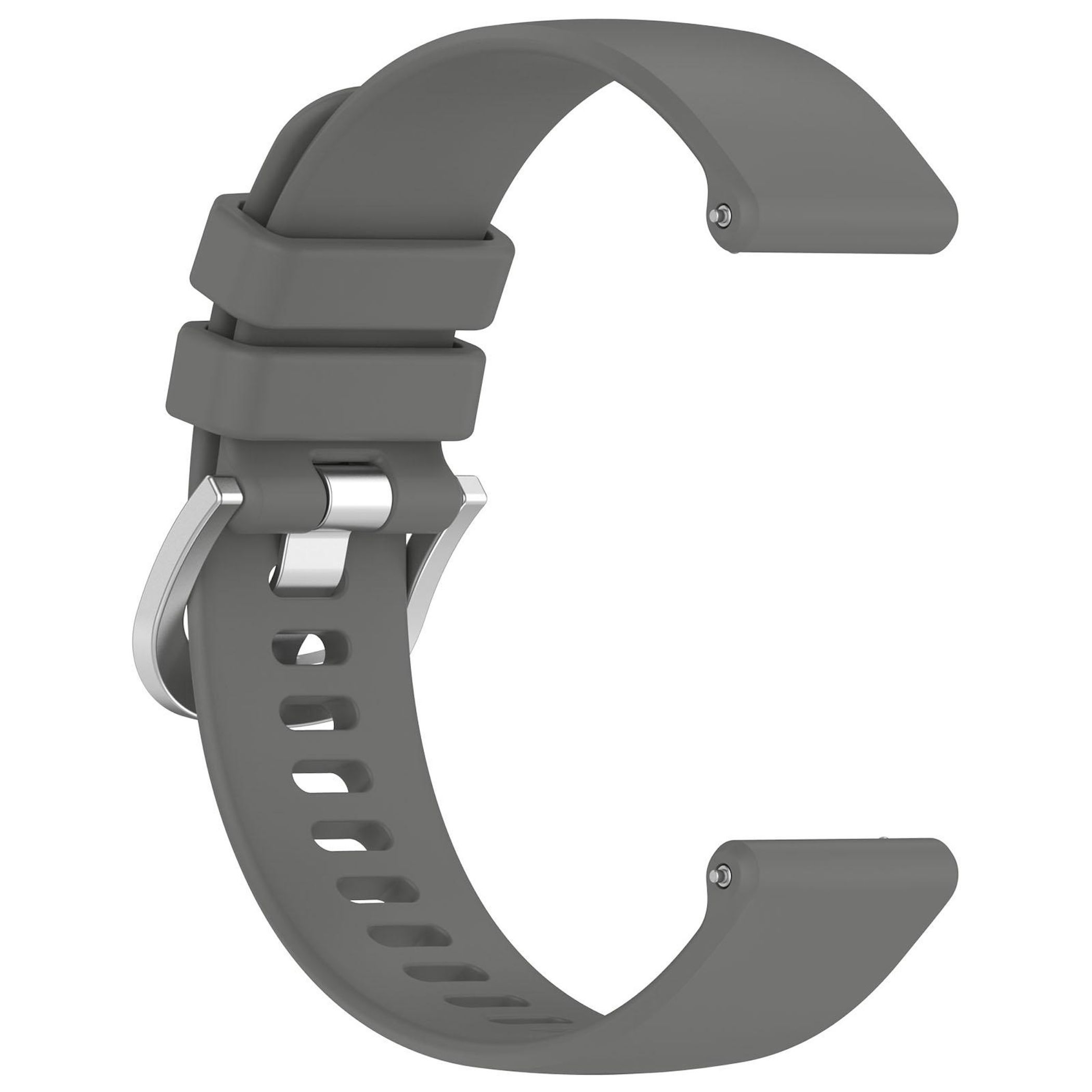 Ein graues Uhrenarmband in C-Form. Auf der linken Seite befindet sich eine silberne Schnalle.