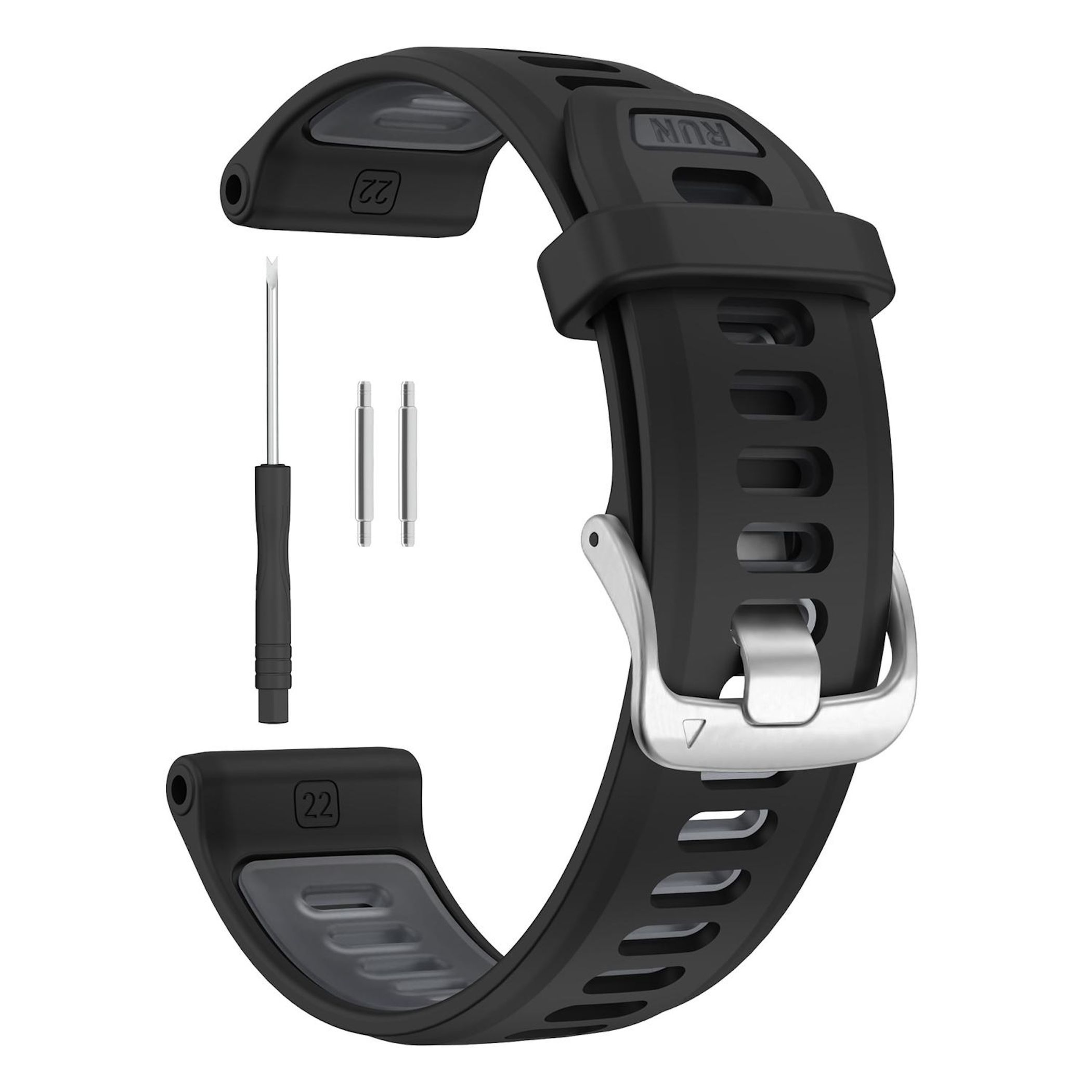 Schwarzes Uhrenarmband mit silberner Schnalle. Enthält Schraubendreher und Stifte für die Installation. Weißer Hintergrund.