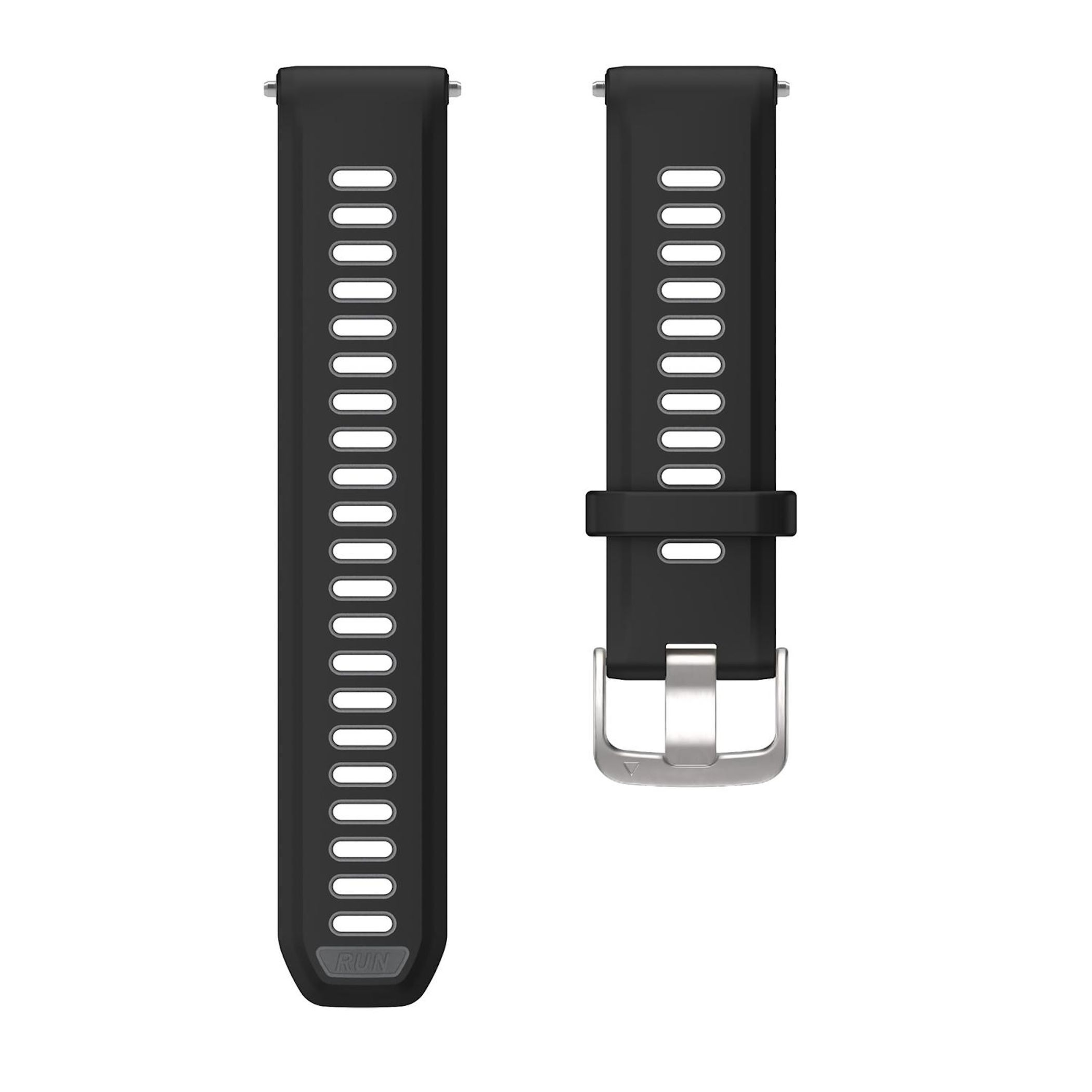 Zwei schwarze Uhrenarmbänder. Eines hat Löcher, das andere eine Schnalle. Beide auf weißem Hintergrund.