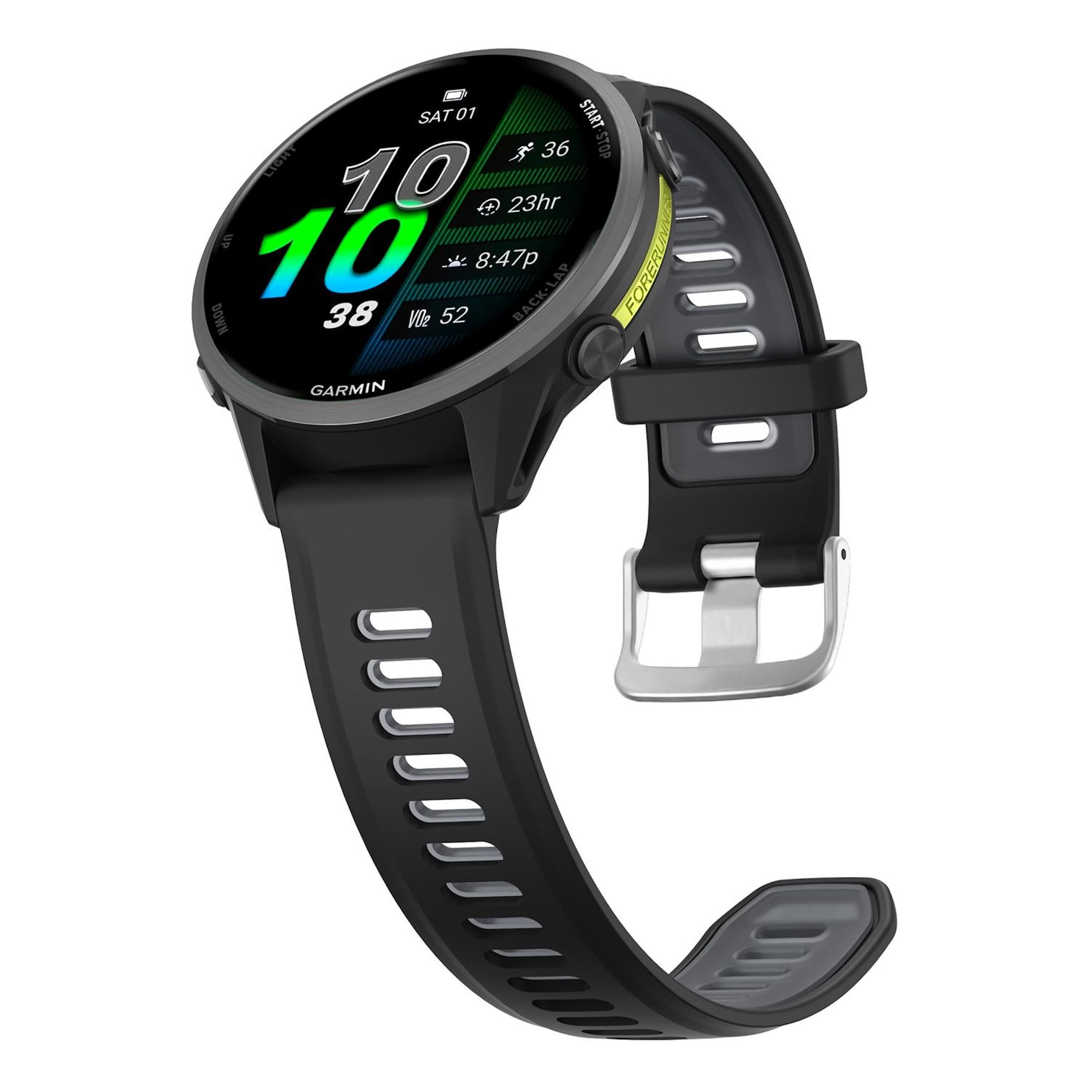 Eine Garmin-Smartwatch mit schwarzem Armband, die Zeit und Fitnessdaten anzeigt. Der Bildschirm zeigt Uhrzeit, Datum und andere Daten.