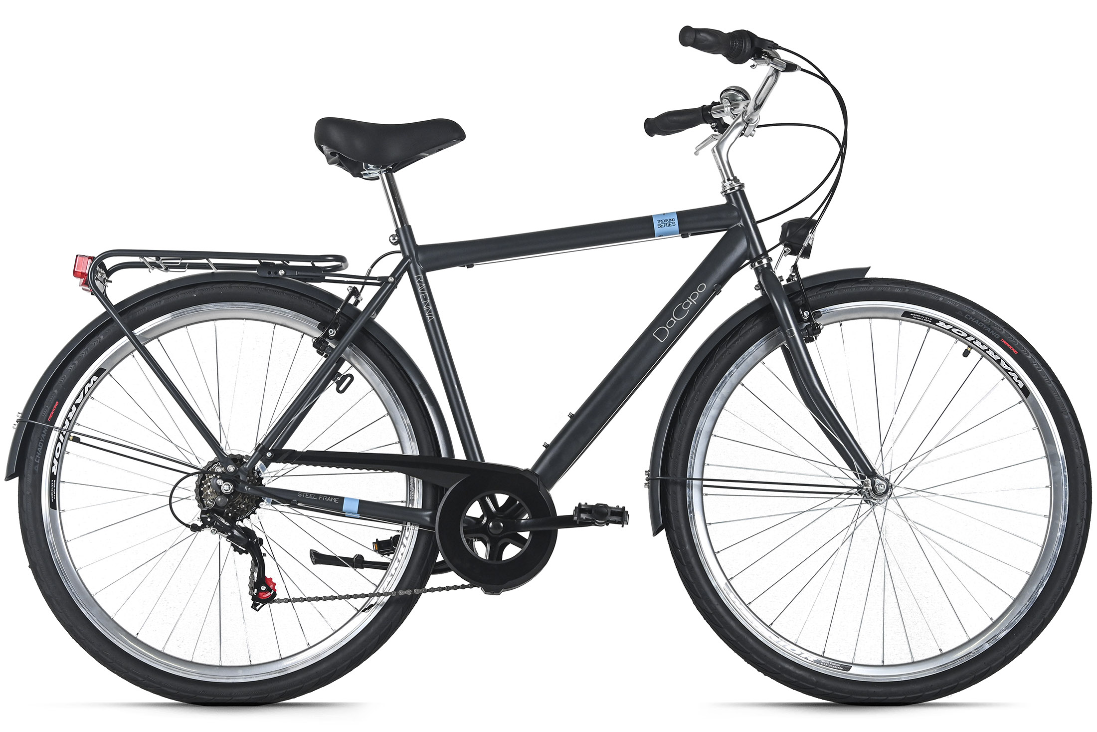 Dunkelgraues Fahrrad auf weißem Hintergrund. Es hat schwarze Reifen, Sitz und Lenker. Der Markenname DaCapo ist sichtbar.