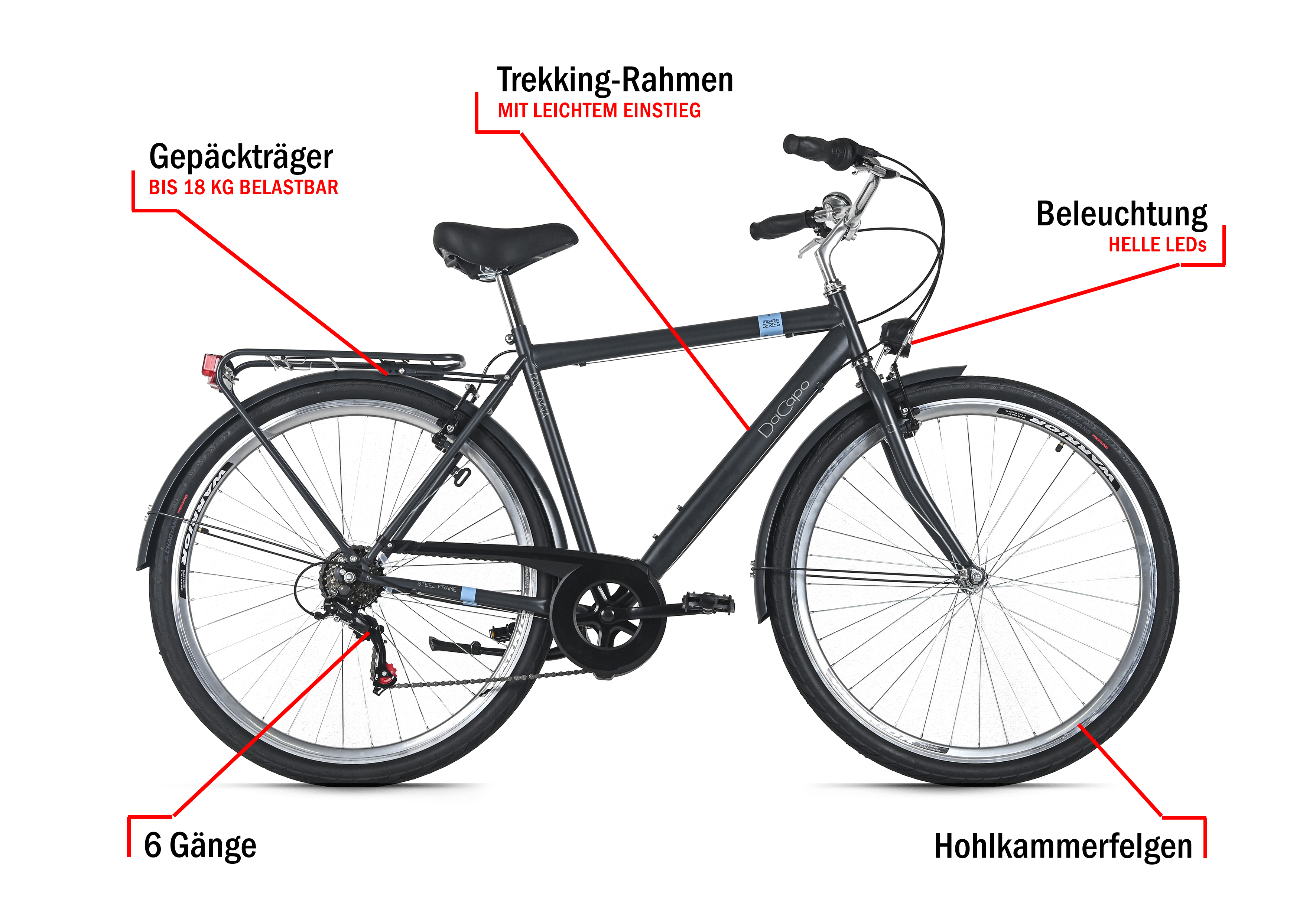 Dunkelgraues Fahrrad mit 6 Gängen, Gepäckträger und hellen LED-Leuchten. Merkmale sind Trekkingrahmen und Hohlkammerfelgen.