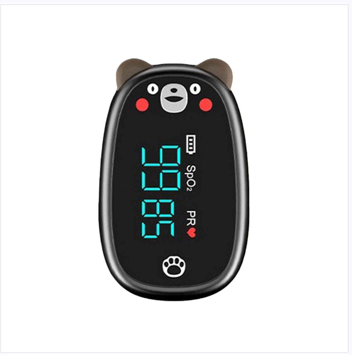 Ein schwarzes Oximeter in Bärenform zeigt 98 und 85 mit SpO2- und PR-Werten an. Es hat ein Pfoten- und ein Herzsymbol.