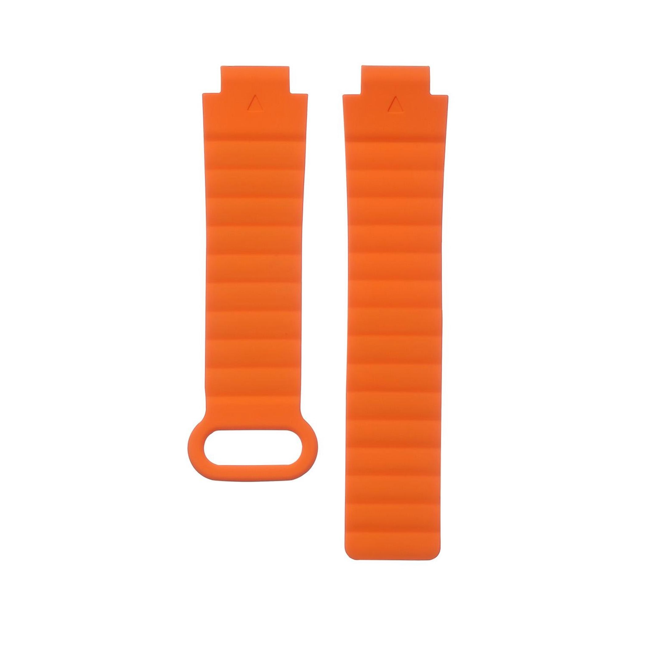 Zwei orangefarbene Uhrenarmbänder auf weißem Hintergrund. Eines hat eine Schlaufe.