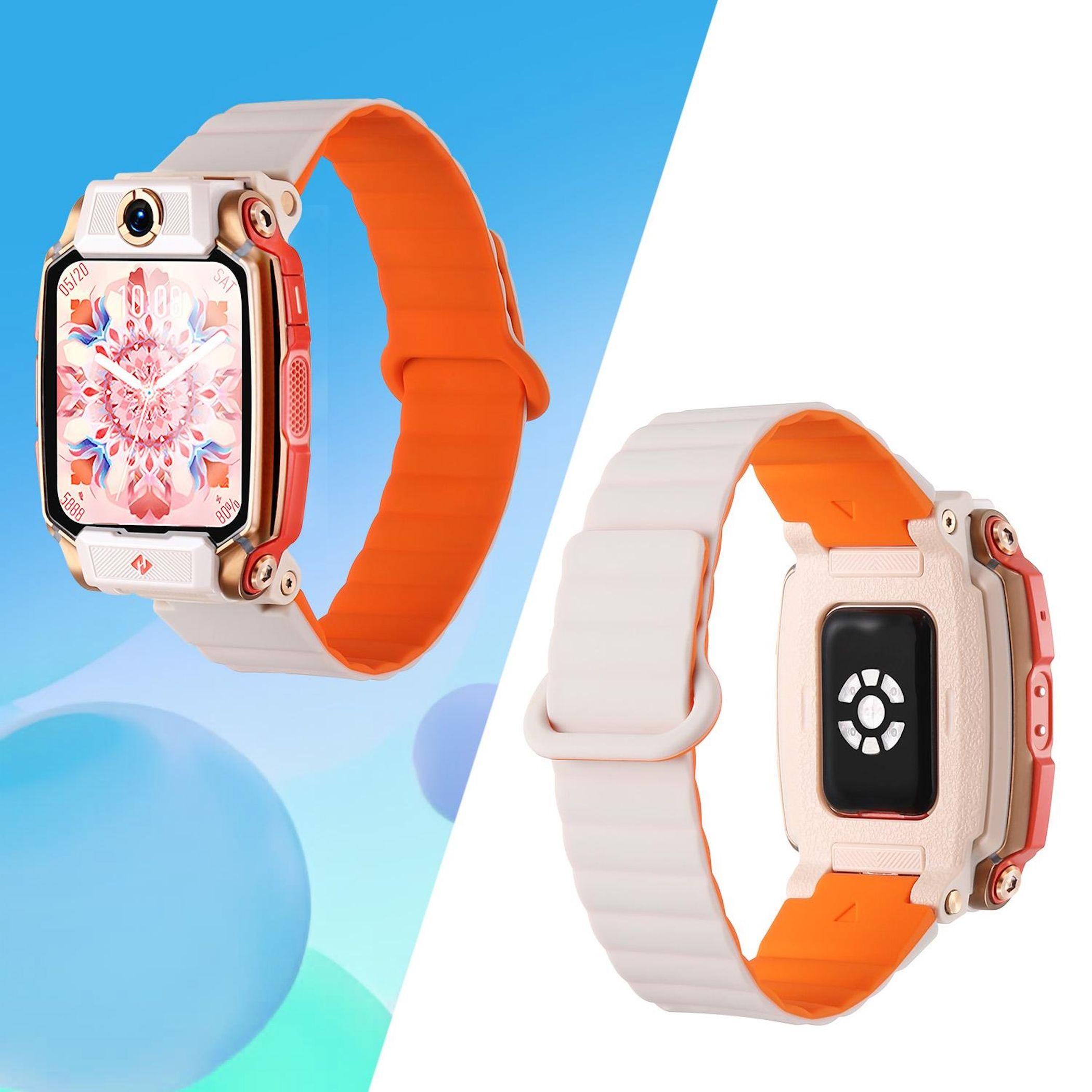 Zwei Smartwatches auf blauem Hintergrund. Eine zeigt die Uhrzeit, die andere ein schwarzes Panel mit Symbolen. Armbänder sind weiß und orange.