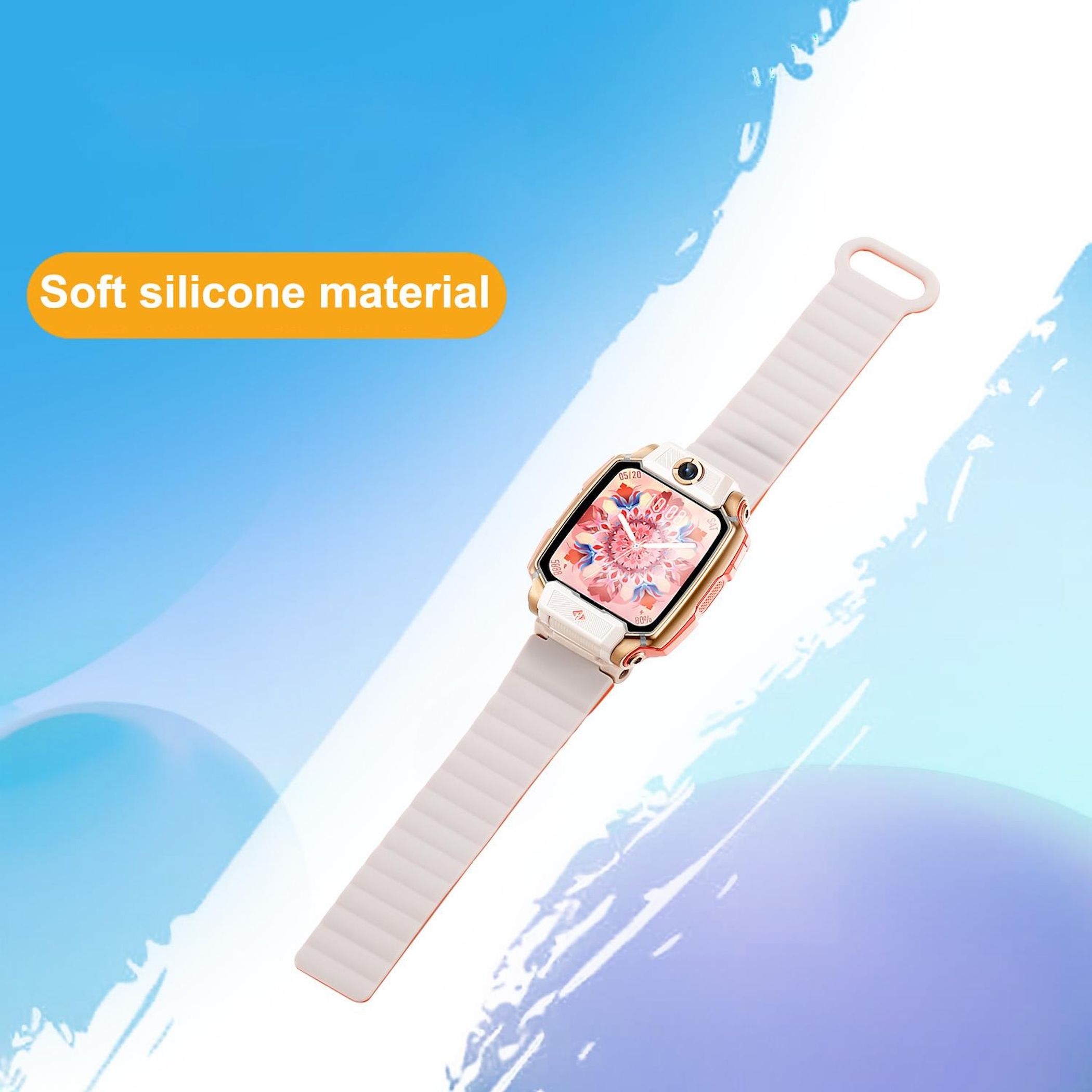 Eine Smartwatch mit hellrosa Armband und goldenen Details wird vor blauem Farbverlauf gezeigt.