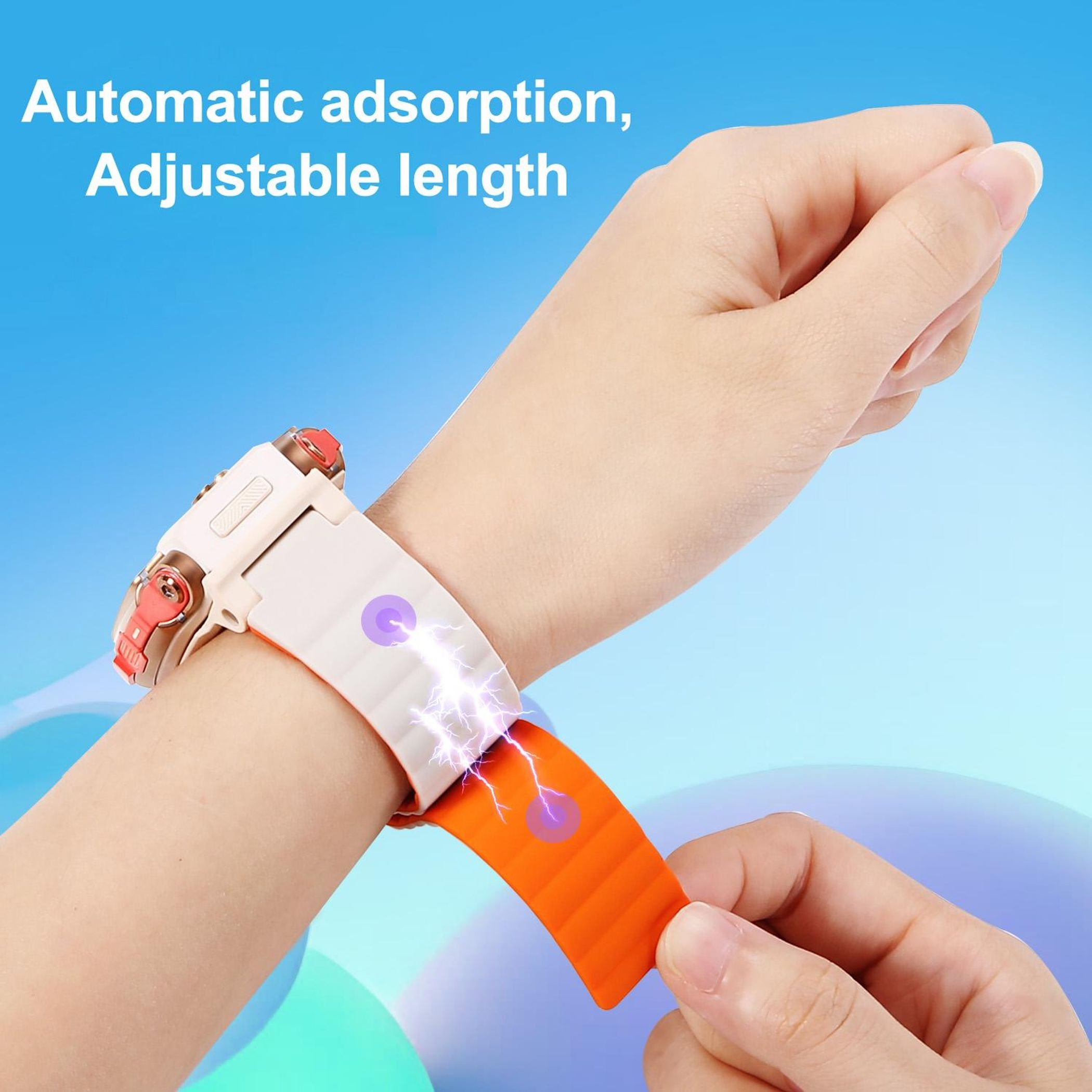 Eine Person trägt ein weiß-oranges Smartband. Elektrizitätsähnlicher Effekt geht vom Band aus. Blauer Hintergrund.