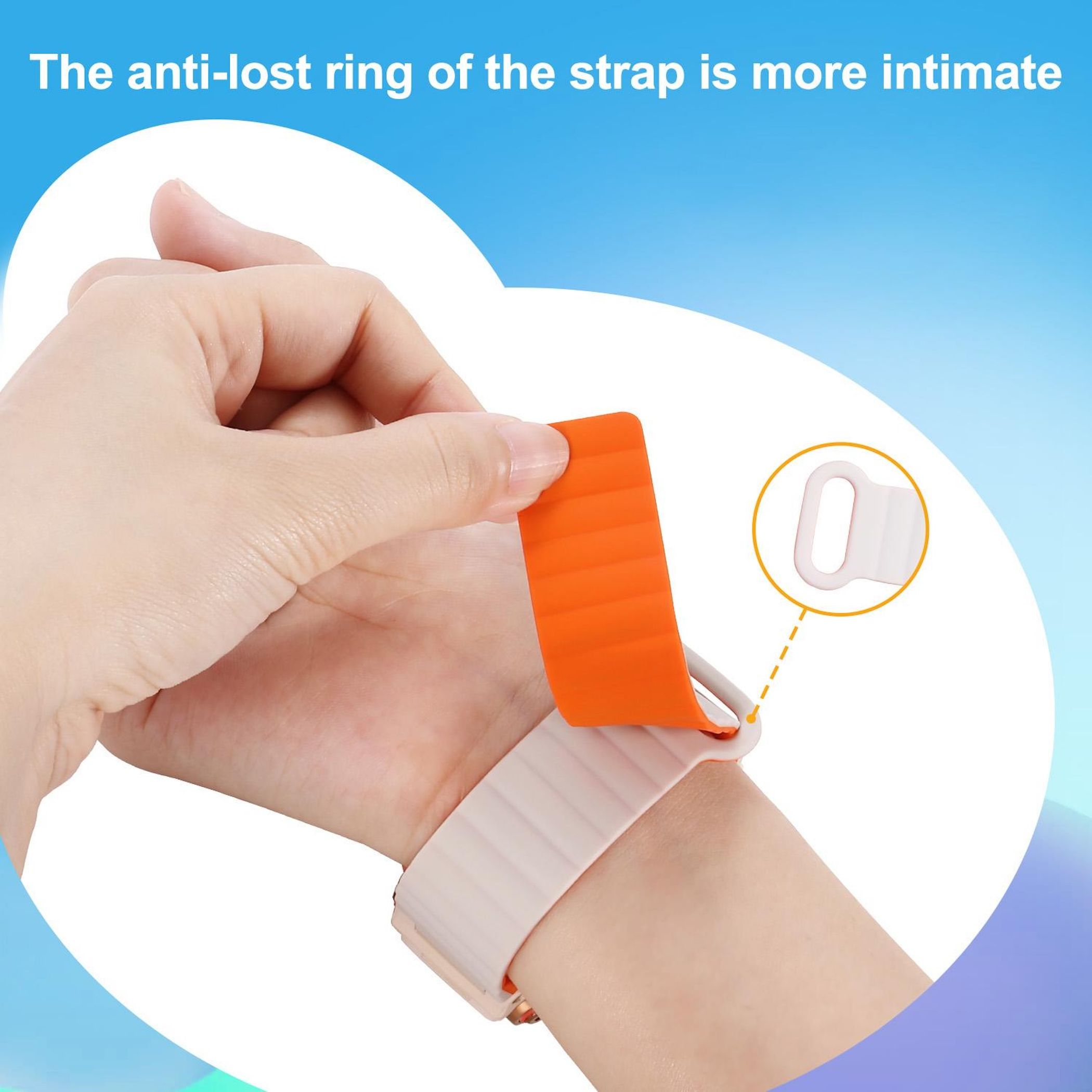 Hand hält einen orangefarbenen Riemen über einem weißen Uhrenarmband. Ein Diagramm des Riemens befindet sich oben rechts.