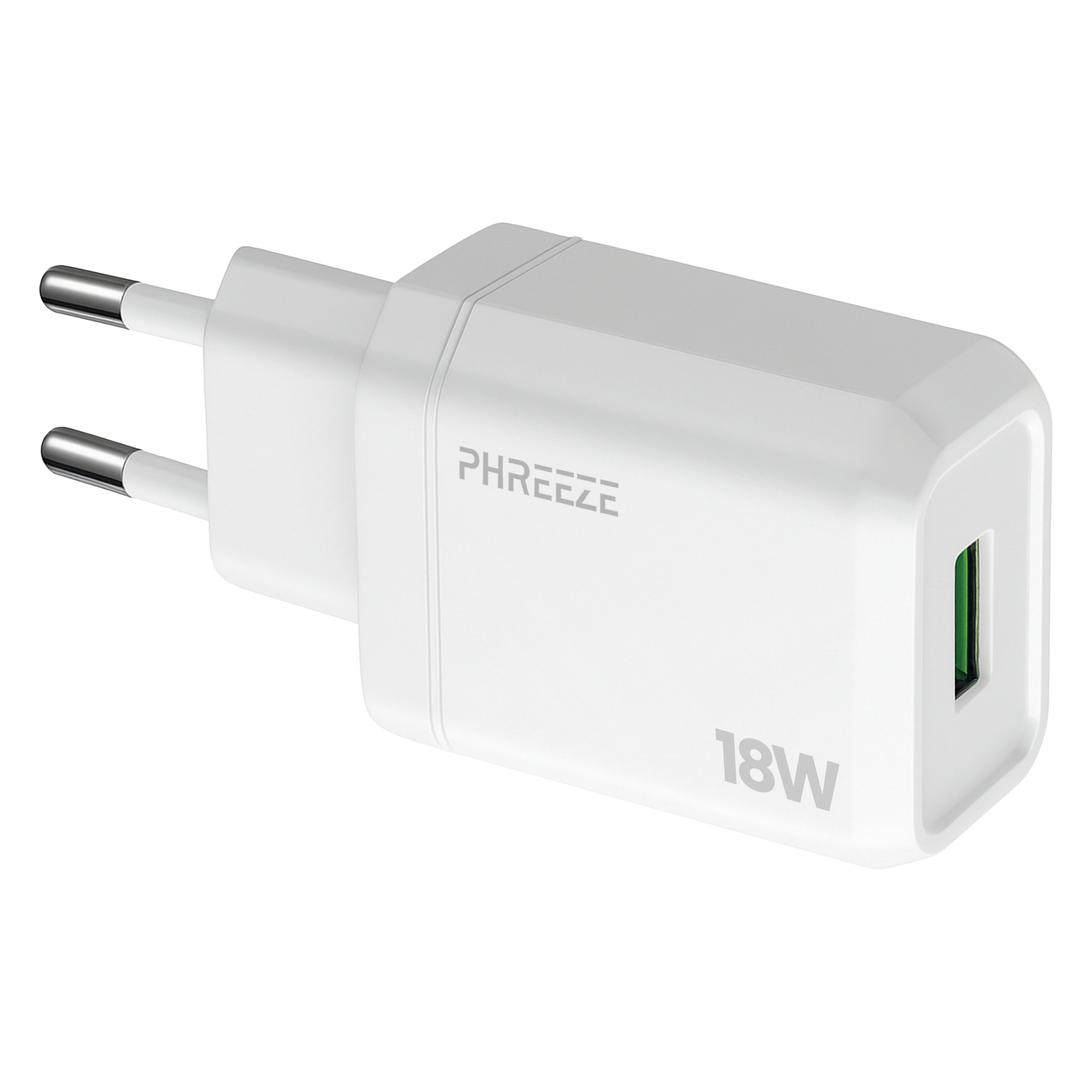 A white phone charger with silver prongs. It has the brand name 'PHREEZE' and '18W' printed on it.