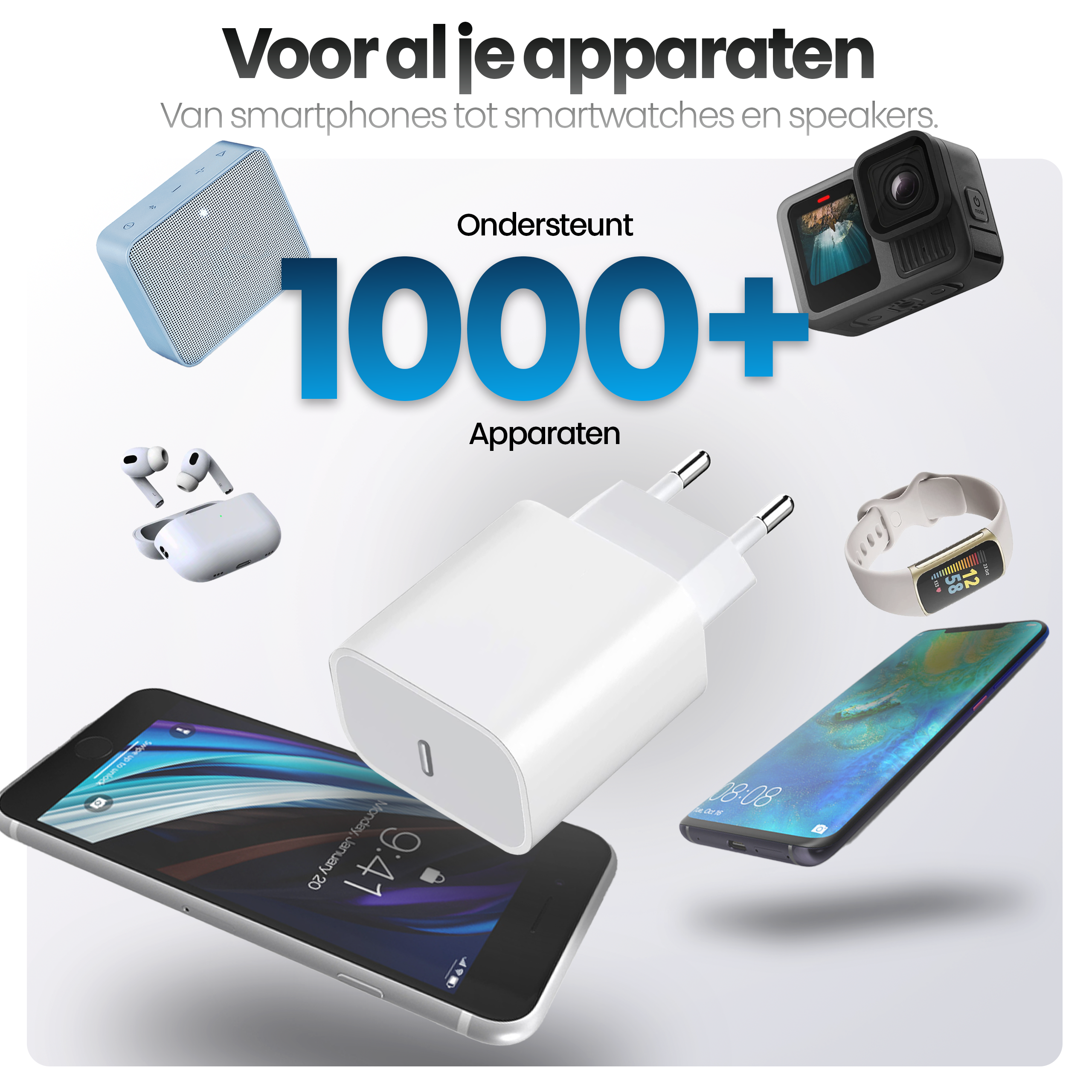 Afbeelding toont diverse elektronica: smartphone, smartwatch, luidspreker, oortelefoons, oplader en een camera. De tekst zegt '1000+ apparaten ondersteund'.