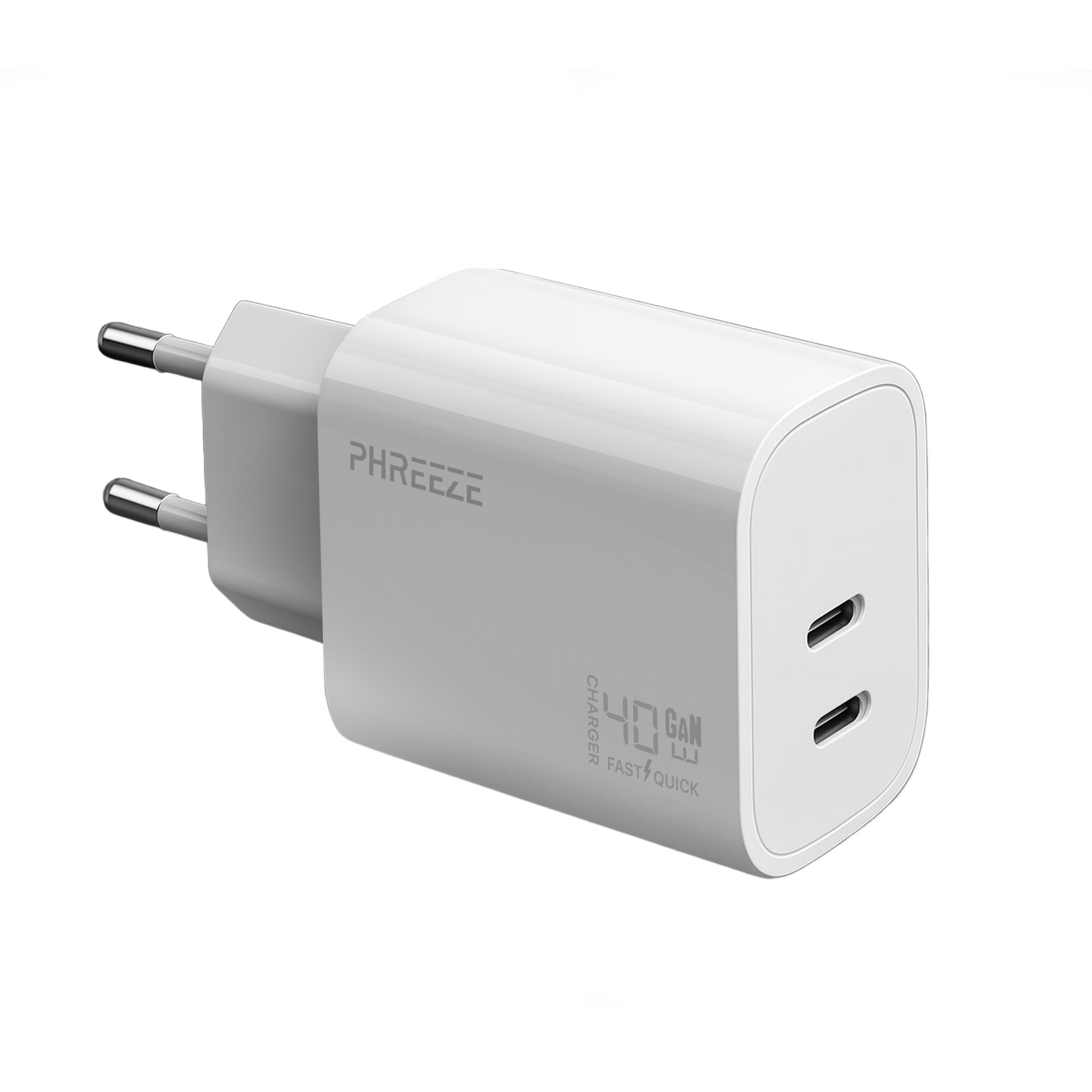 A white Phreeze 40W GaN fast charger with two USB-C ports, and silver prongs on a black background.