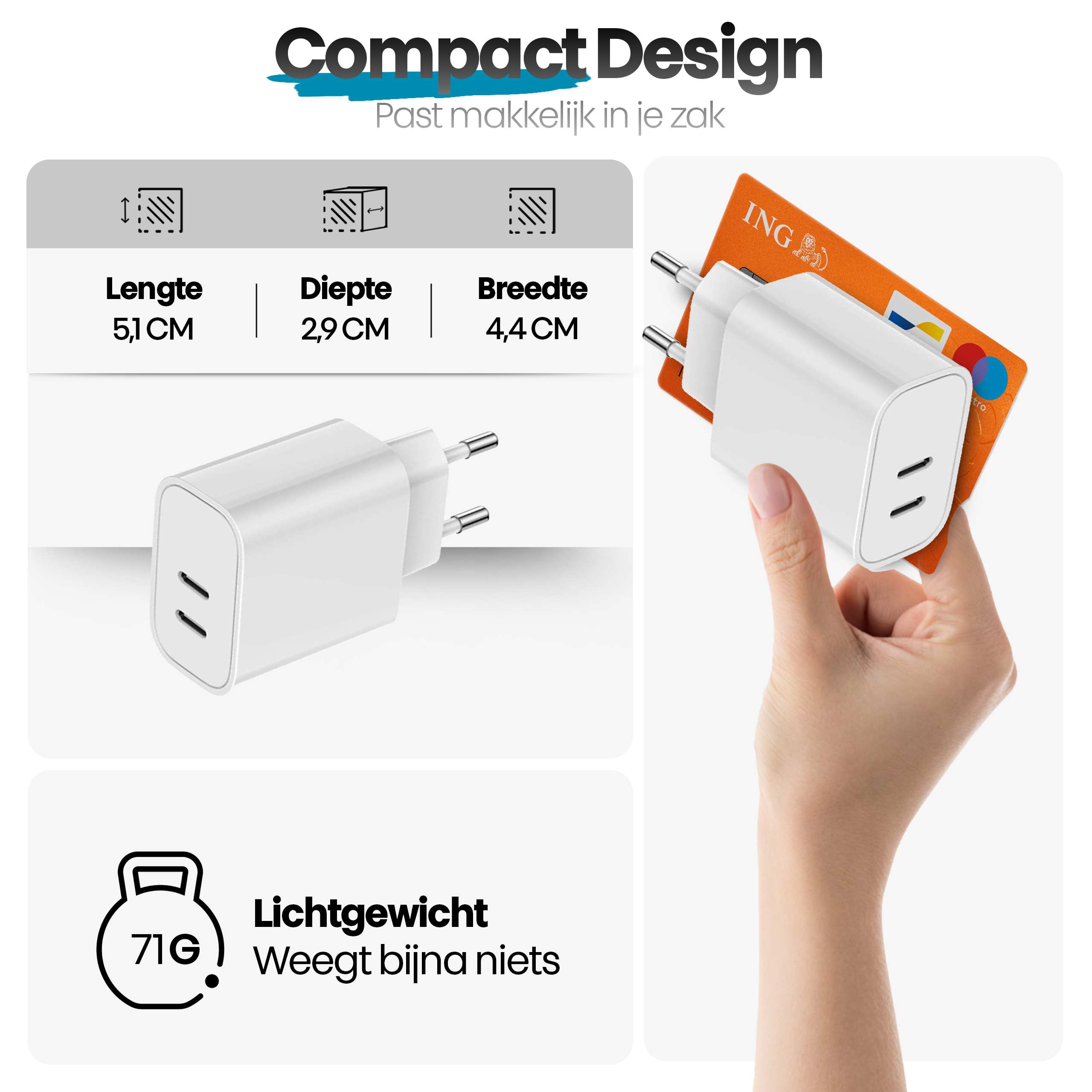 A white charger held with a hand next to an ING bank card. The charger has two ports. White background.