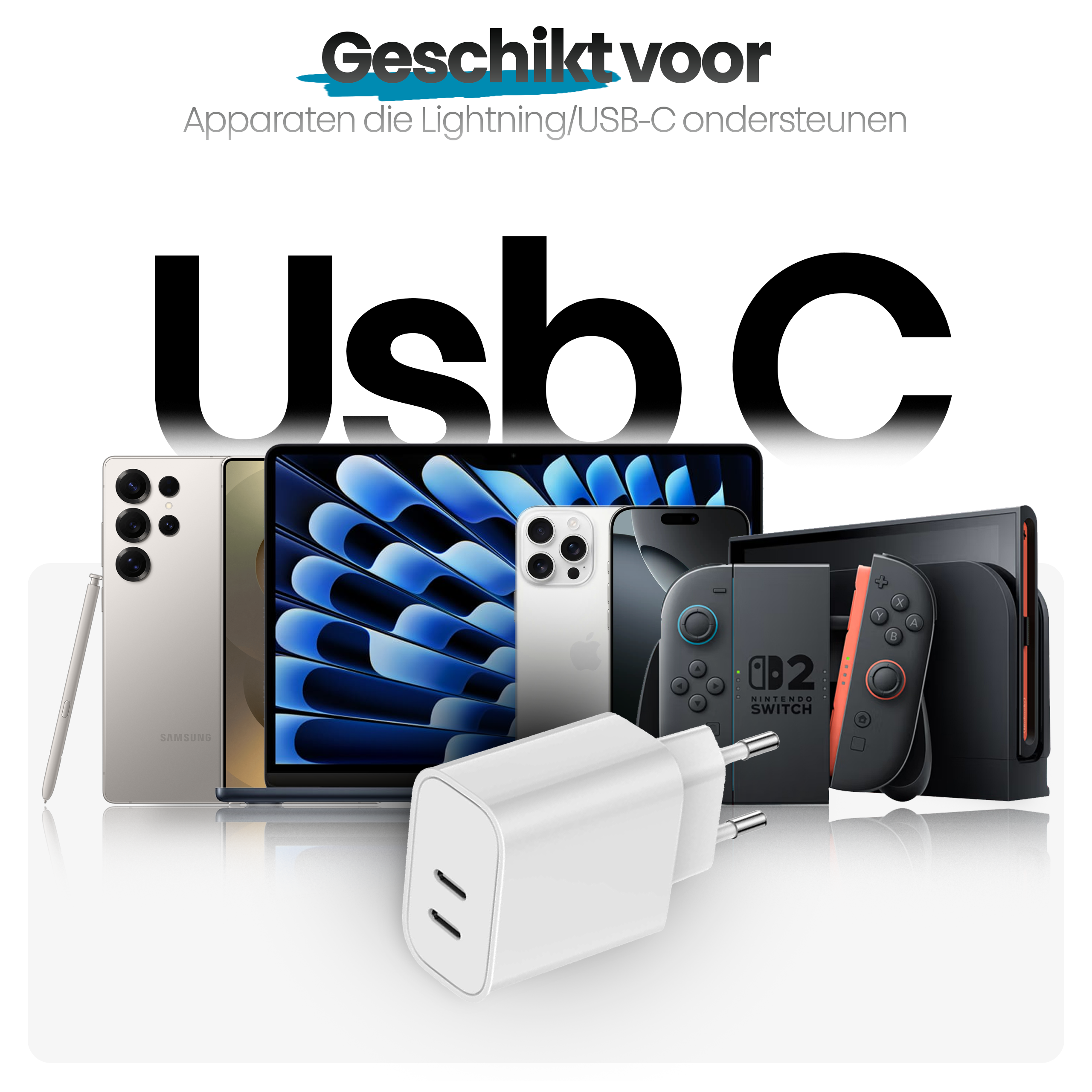 Image shows devices like phones, tablets, and a game console, with a USB-C charger. Text says 'Usb C' and 'Suitable for'.
