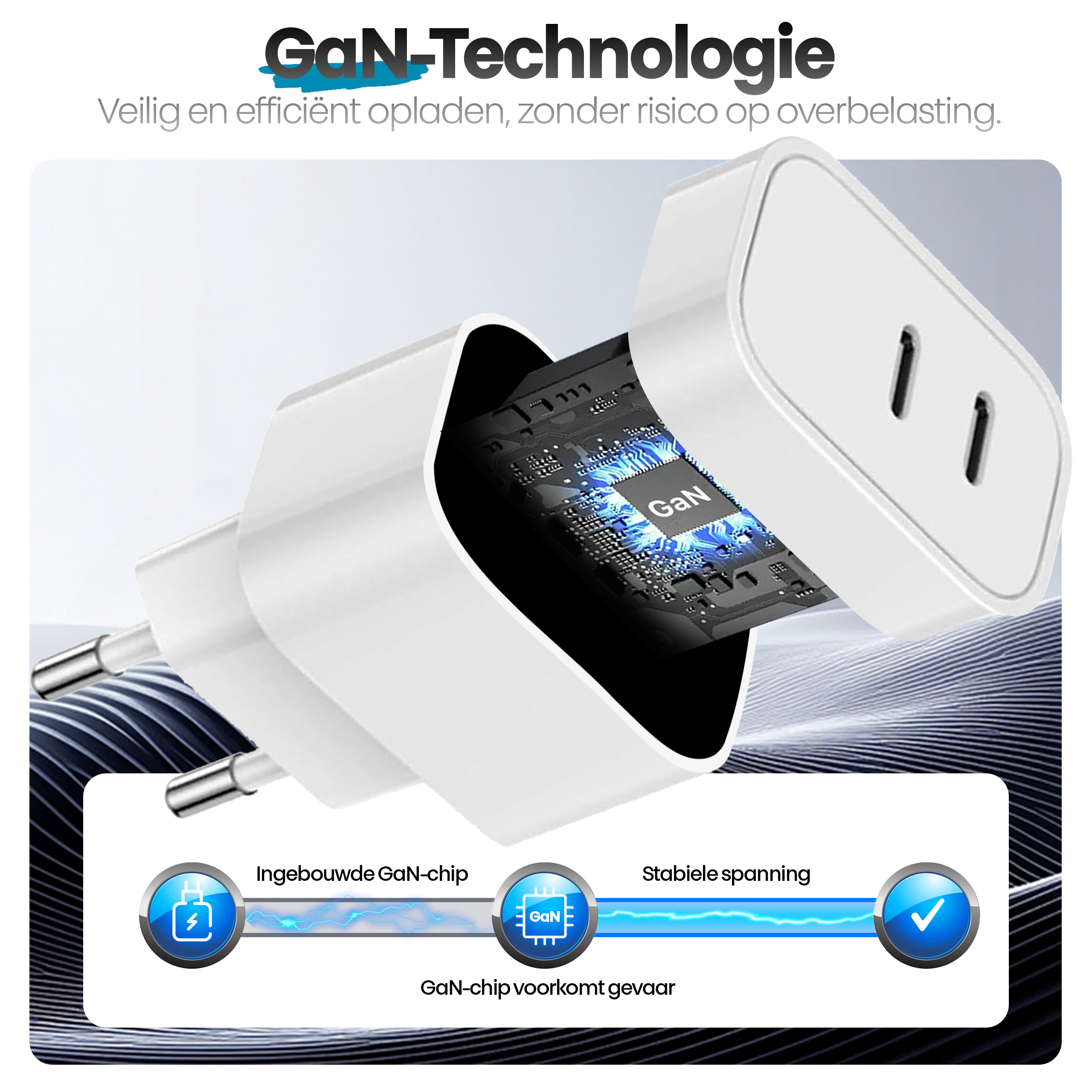Image shows a white GaN charger with text. It highlights features like GaN-chip and stable voltage.