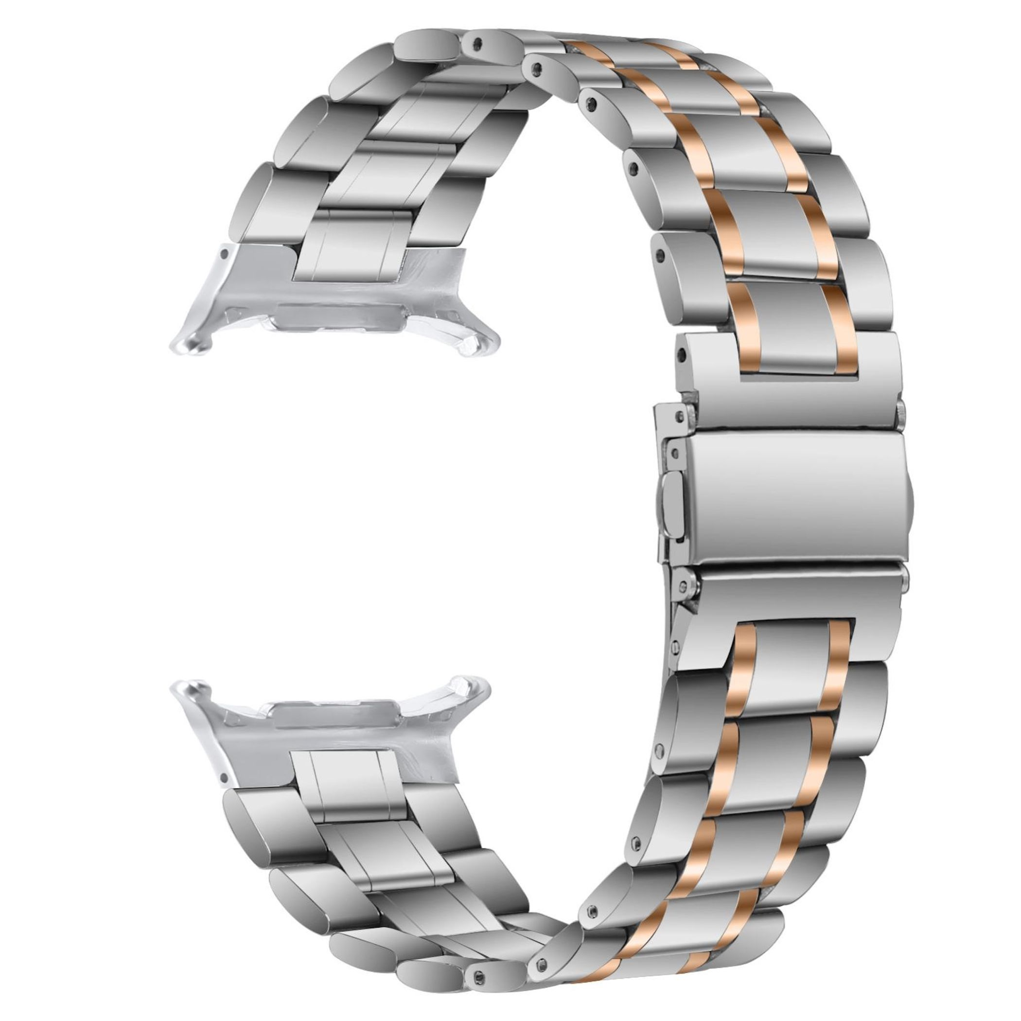 Silbernes und roségoldenes Uhrenarmband. Das Band ist gebogen, mit einem Verschluss. Der Hintergrund ist weiß.