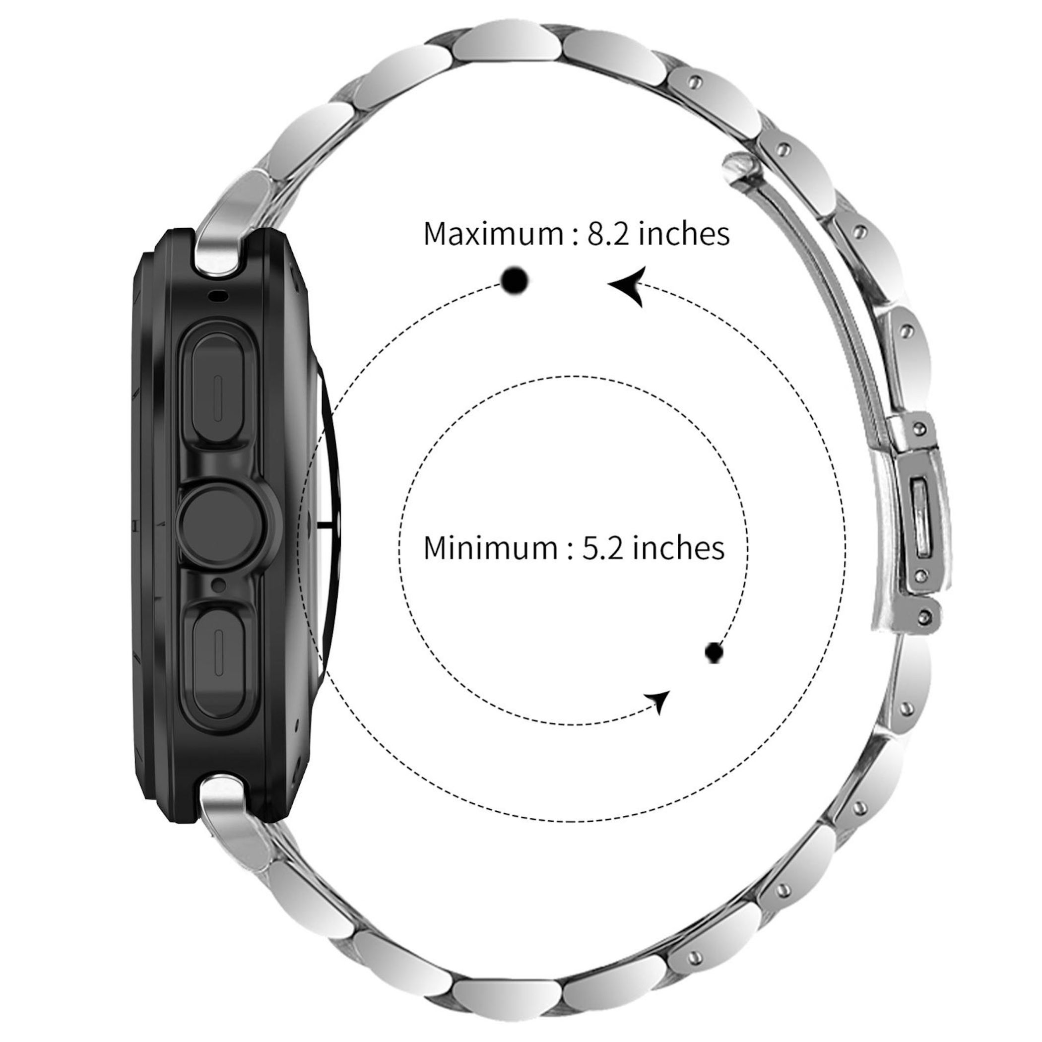 Schwarze Smartwatch mit silbernem Armband. Text zeigt maximal 8,2 Zoll und minimal 5,2 Zoll an.
