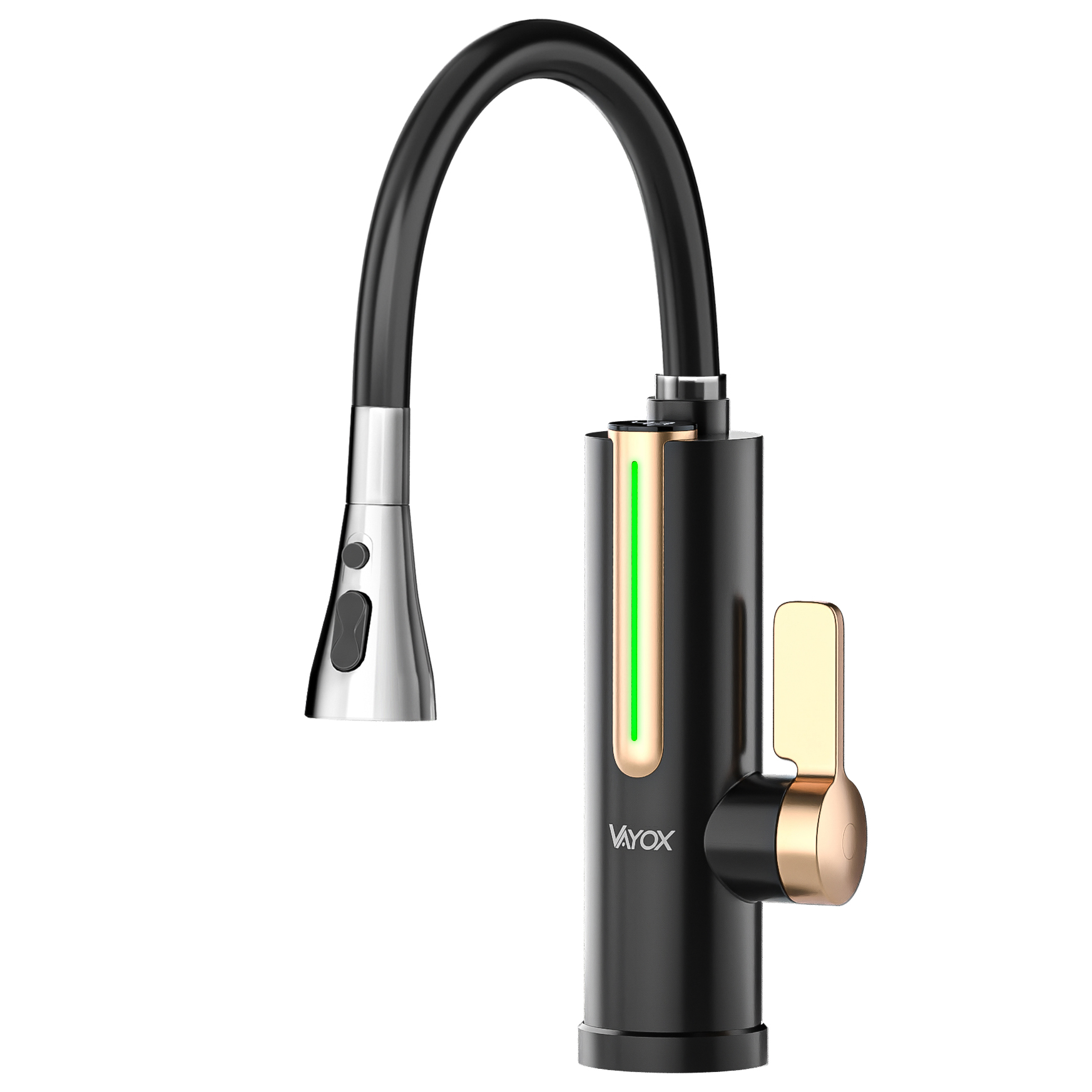 Nowoczesna czarna bateria kuchenna z wyciąganym spryskiwaczem i złotą dźwignią. Posiada zielony wskaźnik świetlny.