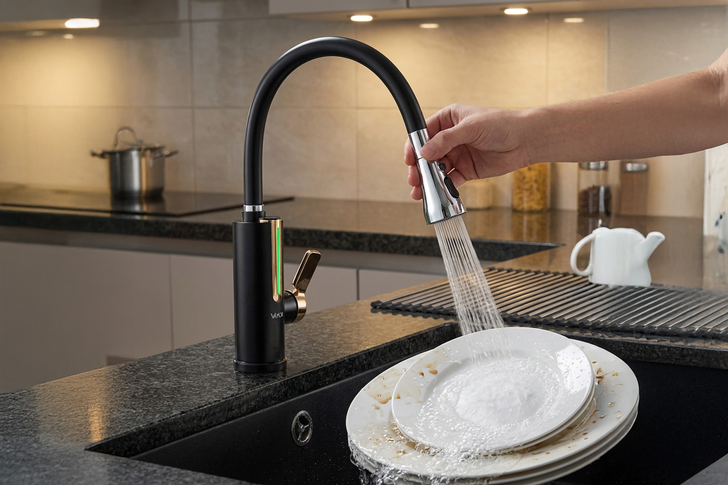 Ręka myje naczynia nowoczesną czarną baterią. Białe talerze w zlewie. Blat kuchenny i tło.