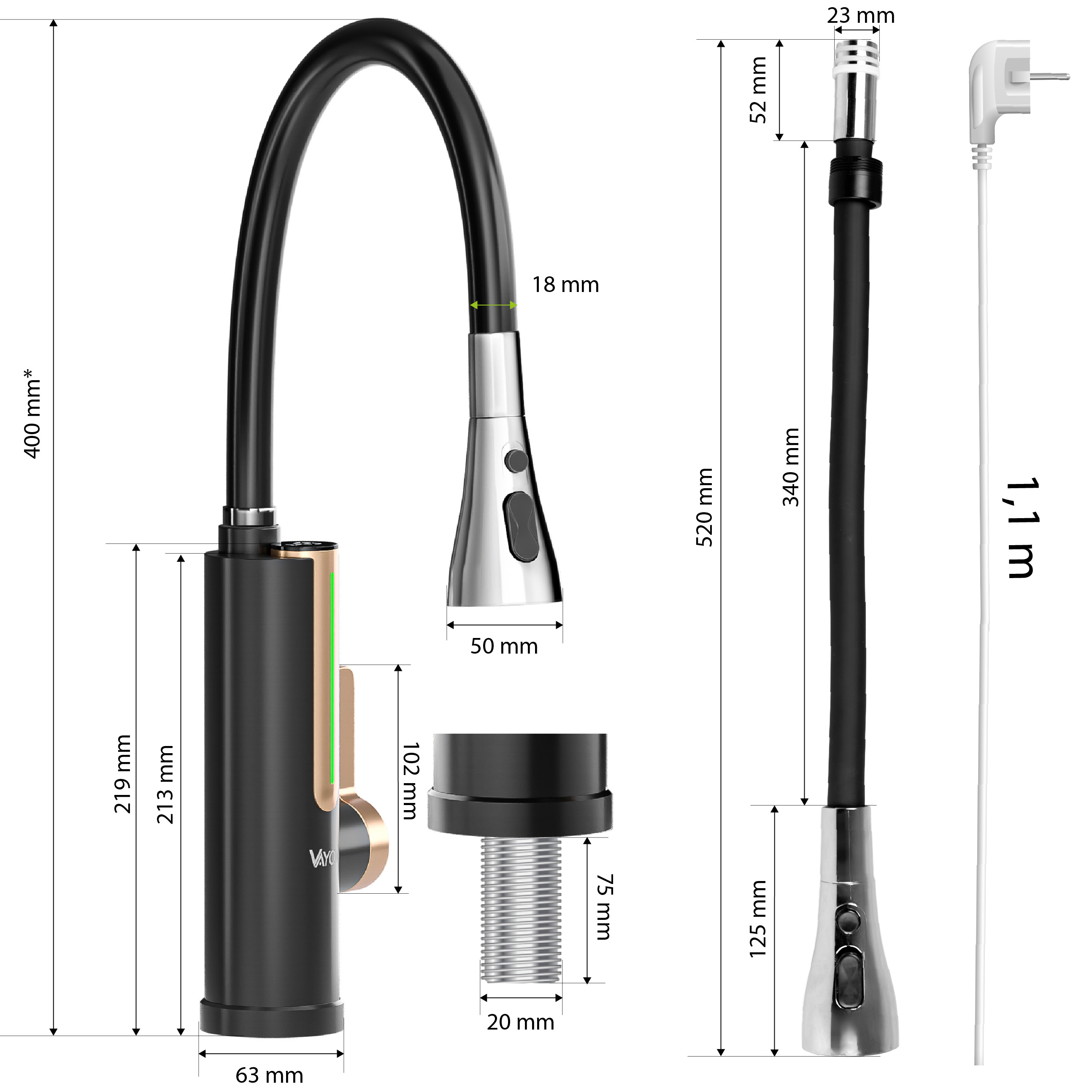 Czarna i srebrna bateria kuchenna z wymiarami. Po prawej stronie biały przewód zasilający.