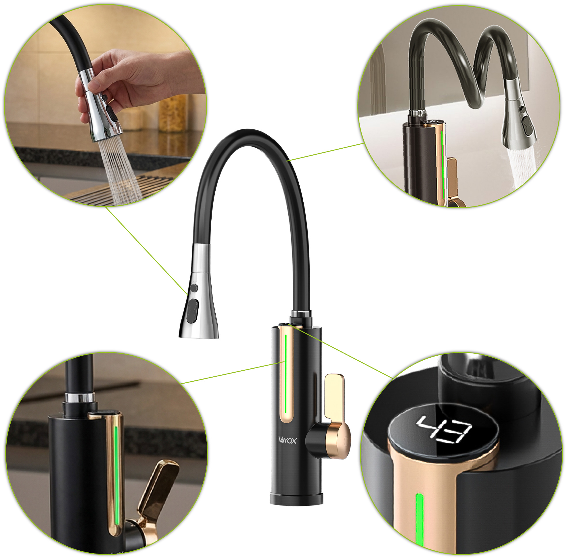 Czarna bateria kuchenna ze złotymi akcentami. Woda wypływa z chromowanej dyszy. Wyświetlacz cyfrowy pokazuje '43'.