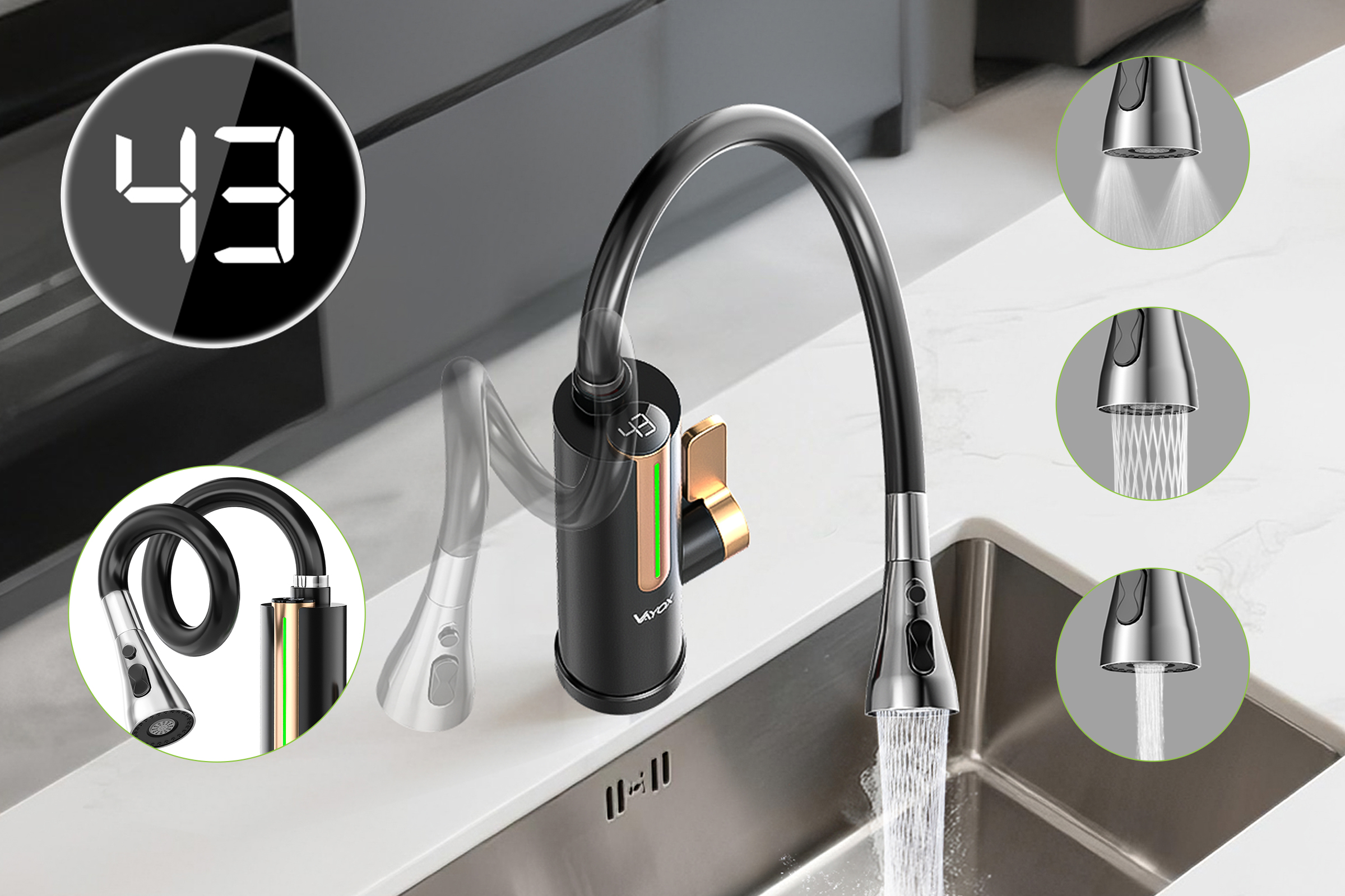 Nowoczesna czarna bateria kuchenna z cyfrowym wyświetlaczem i różnymi ustawieniami przepływu wody, w zlewozmywaku kuchennym.