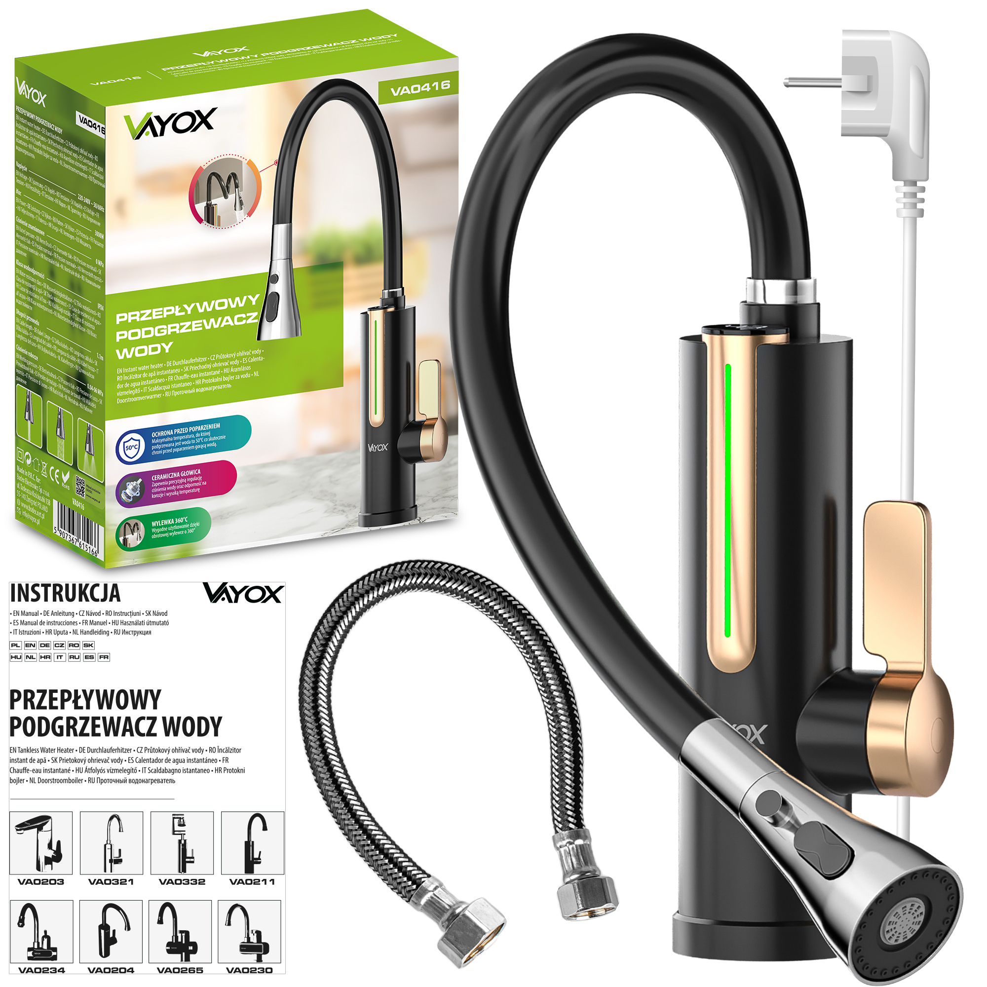 Przepływowy podgrzewacz wody Vayox VA0416 z czarno-srebrną baterią i elastycznym wężem na białym tle.