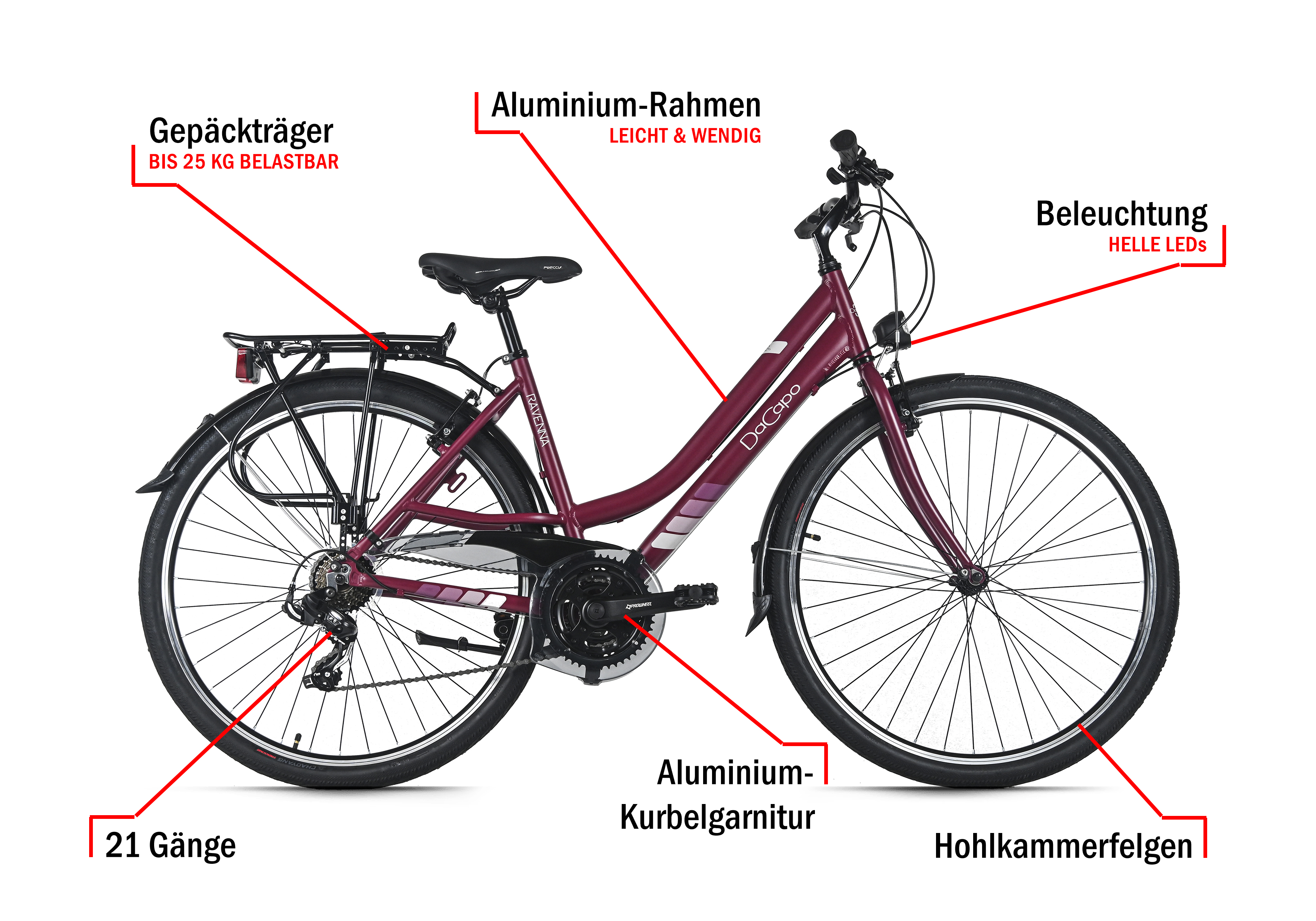 Ein weinrotes Fahrrad mit schwarzen Reifen und verschiedenen beschrifteten Merkmalen, einschließlich Gängen und Rahmendetails.
