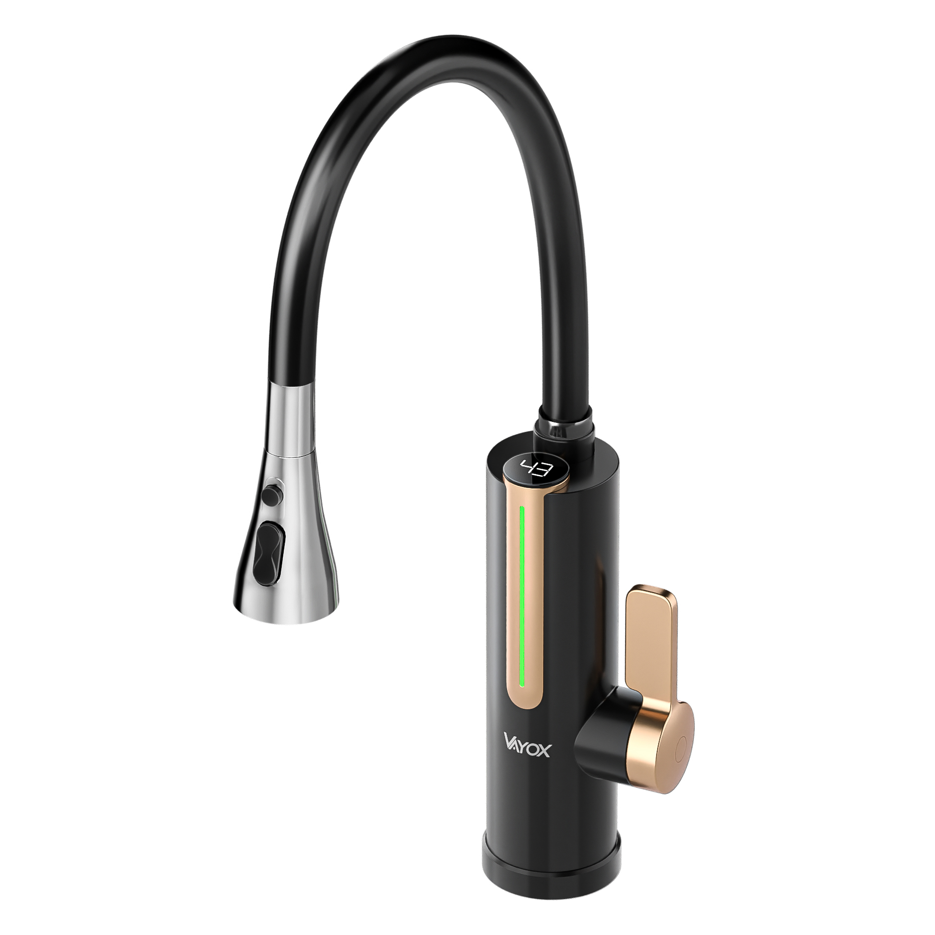 Nowoczesna czarno-srebrna bateria kuchenna ze złotą dźwignią i cyfrowym wyświetlaczem.