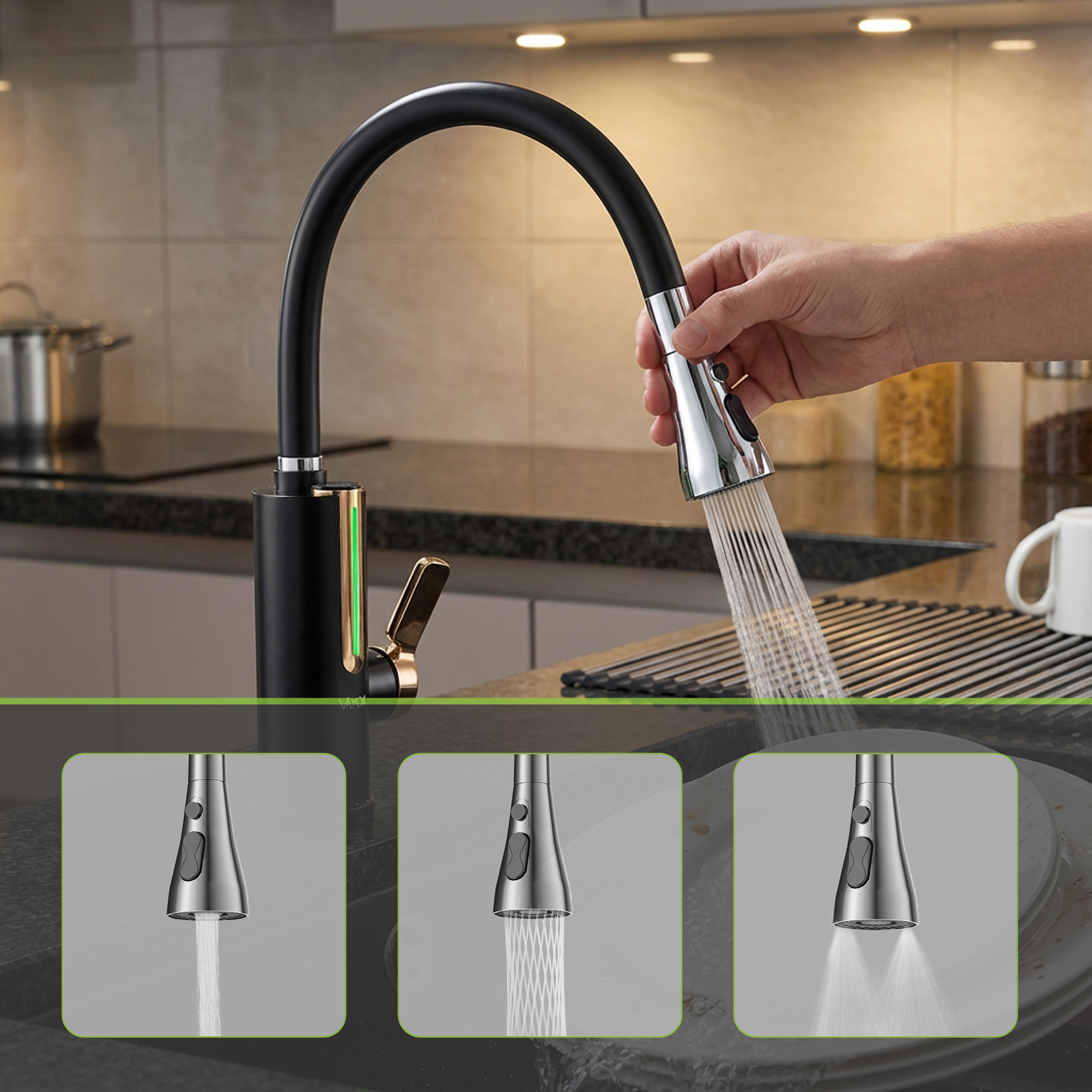 Bateria kuchenna z czarną szyjką i natryskiem wody. Z kranu korzysta osoba.